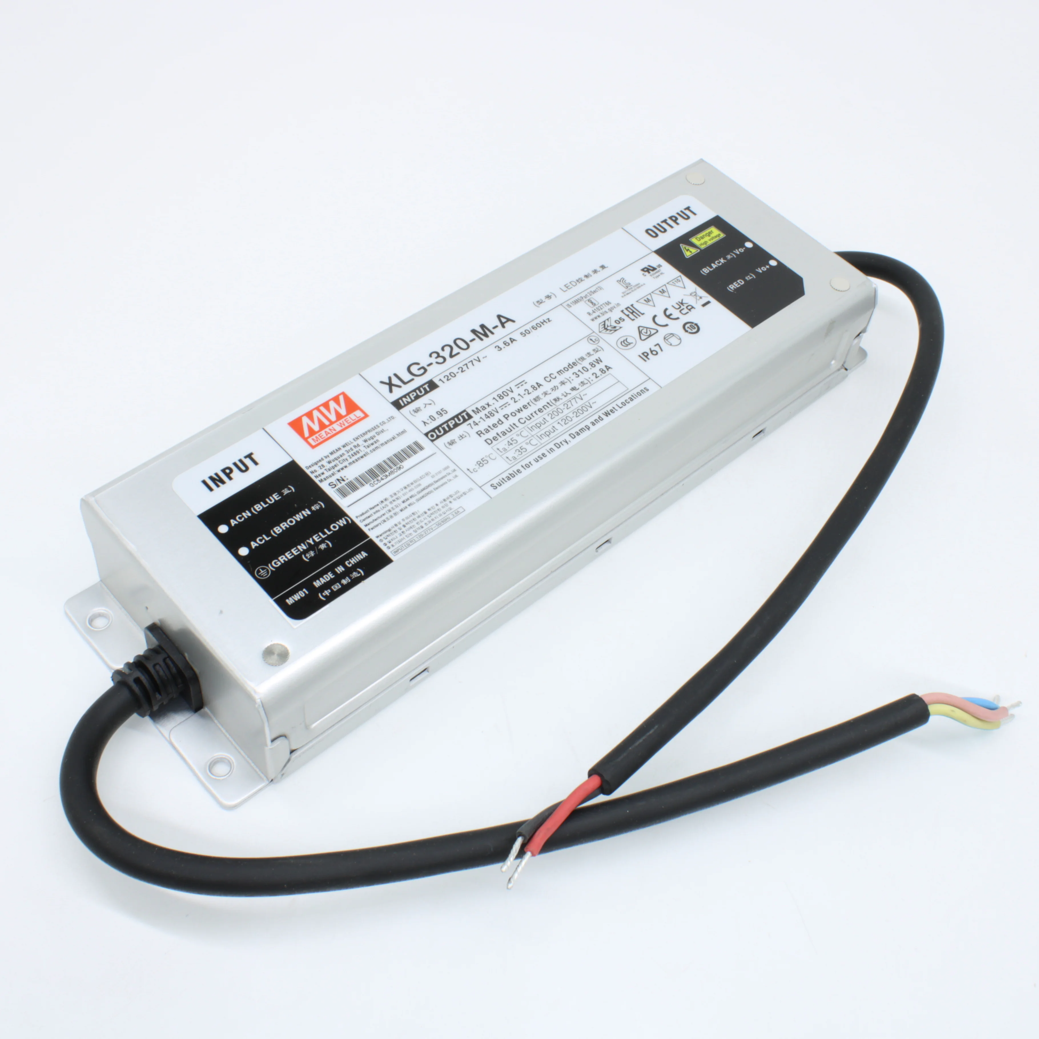 XLG-320-M-A - AC-DC, 310.8Вт, стабилизатор тока, IP67, вход 100…305В AC, 47…63Гц, ККМ, выход 2800(2100…2800)мА/74…148В, изоляция 3750В AC, в кожухе 246х77х39.5мм, -40…+85°С (корпус), встр. потенциометр