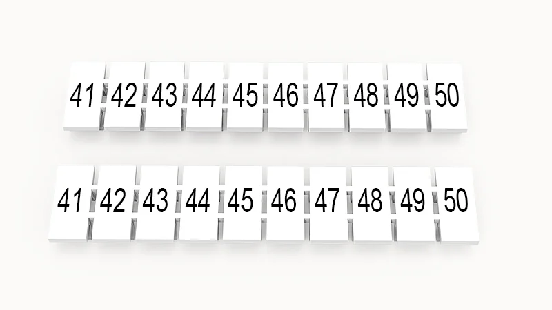 Марк.  полоска ZB5-10P-19-22Z(H) - Маркировочные шильдики для клемм WS…, DC…, PC…, сечением 2,5 мм кв., центральная, 10 шильдиков, нанесенные символы: 41-50 с вертикальным расположением, размер шильдика: 4,55х10,7 мм, цвет белый