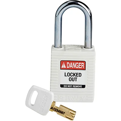 gws150367 - Замок SafeKey нейлоновый со стальной дужкой, высота дужки – 38 мм, диаметр дужки – 6.4 мм, нейлоновый корпус, размеры корпуса – 46х38х19 мм, цвет – белый, 1 шт/упак