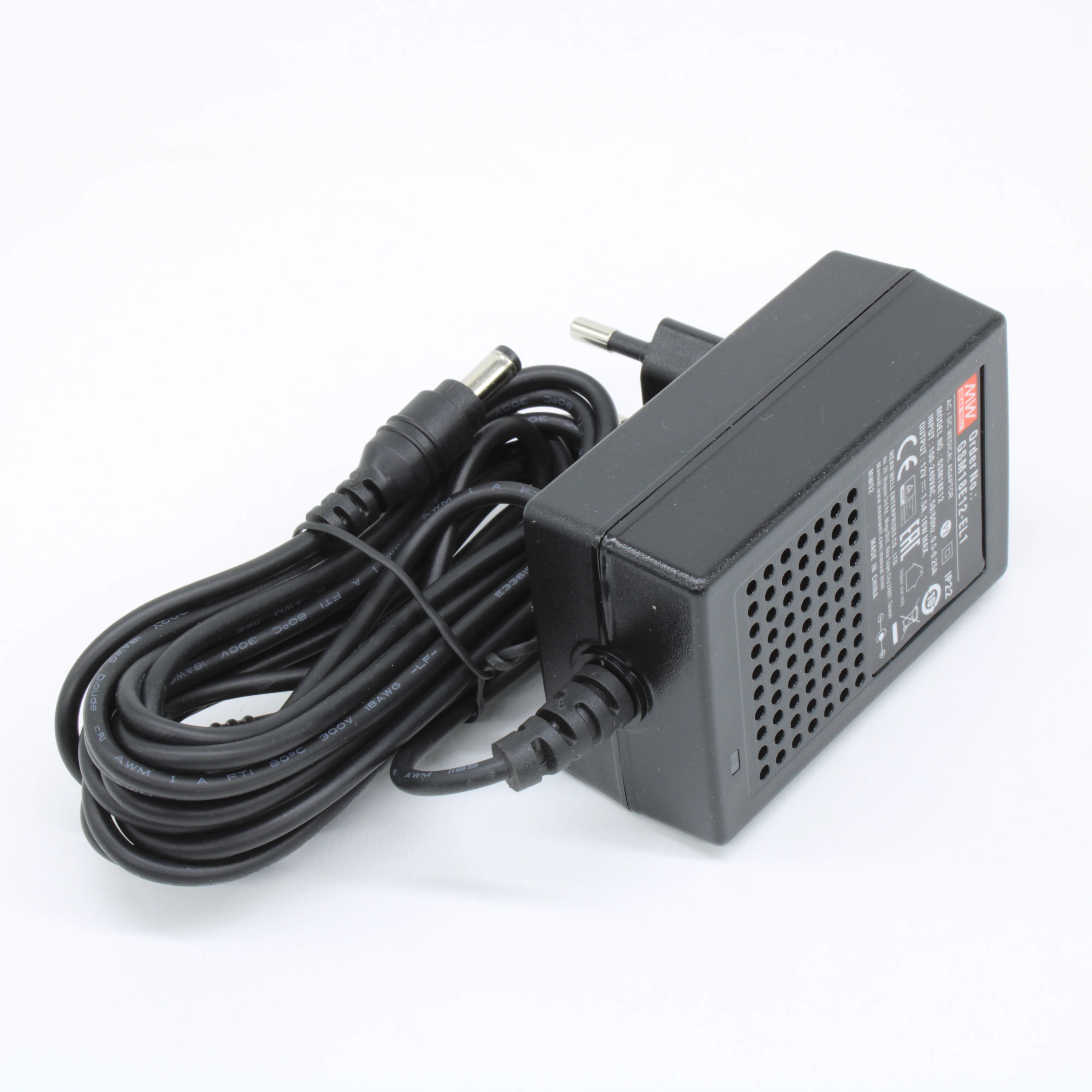 GSM18E12-EL1 - Адаптер  AC-DC, медицинский, 18Вт, вход 80...264B AC 47...63 Гц, 113...370B DC, выход 12B/1,5A, изоляция 4000В AC, 79x54x33мм, -25...+60°С, евровилка, выходной разъем 11, диам. 5.5х2.1мм, кабель 3м