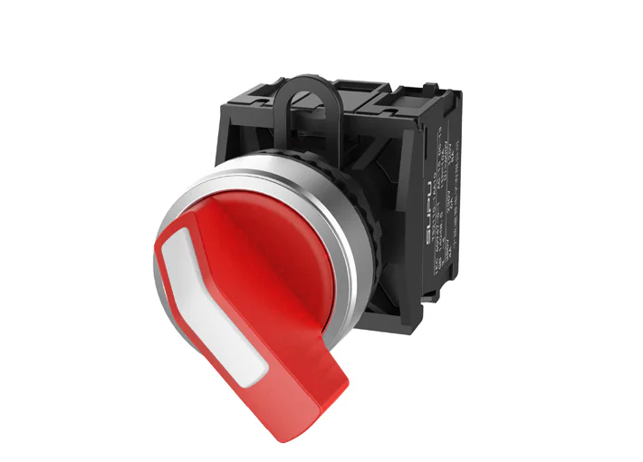 Селекторный переключатель (красный) TS2520-1BE10-R10 - Переключатель, длинная ручка, 3-х позиционный, пружинный самовозврат из правого положения, без подсветки, алюминиевое переднее кольцо, с плавным нажатием, с контактной группой 1NO, диаметр головки кно