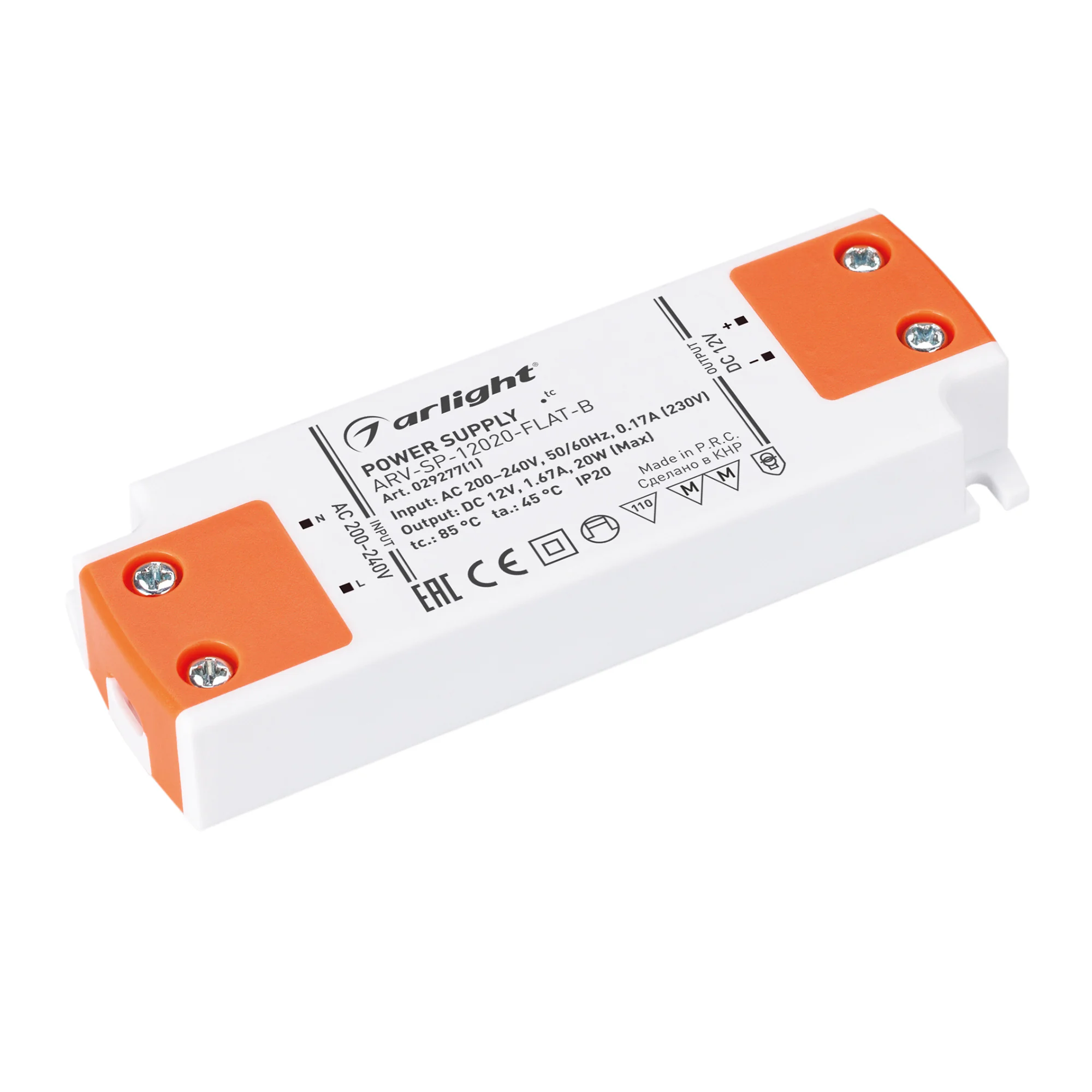 Блок питания ARV-SP-12020-FLAT-B (12V, 1.67A, 20W) 029277(1) - Источник напряжения с гальванической развязкой для светодиодных изделий. Входное напряжение 200-240 VAC. Выходные параметры: 12 В, 1,67 А, 20 Вт. Встроенный PFC >0,84. Негерметичный пластиковы