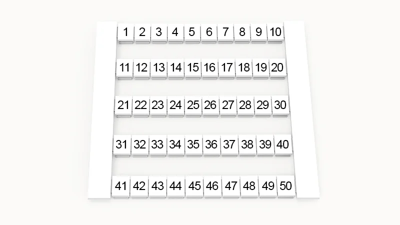 Марк. кассета DEK6-50P-19-65Z(H) - Кассета с шильдиками для клемм WS…, сечением 4 мм кв., боковая, 50 шильдиков, нанесенные символы: 1-50, с вертикальным расположением, размер шильдика: 5,8х5,5 мм, цвет белый