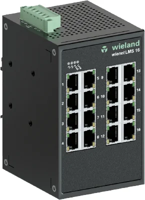 Коммутатор WIENET LMS 16-W - Коммутатор серии WieNet, неуправляемый, 16 портов RJ45 скорость передачи 10/100 MBit/s, номинальное напряжение: 8,4-52,8 VDC, монтаж: на DIN рейку, материал корпуса: алюминий