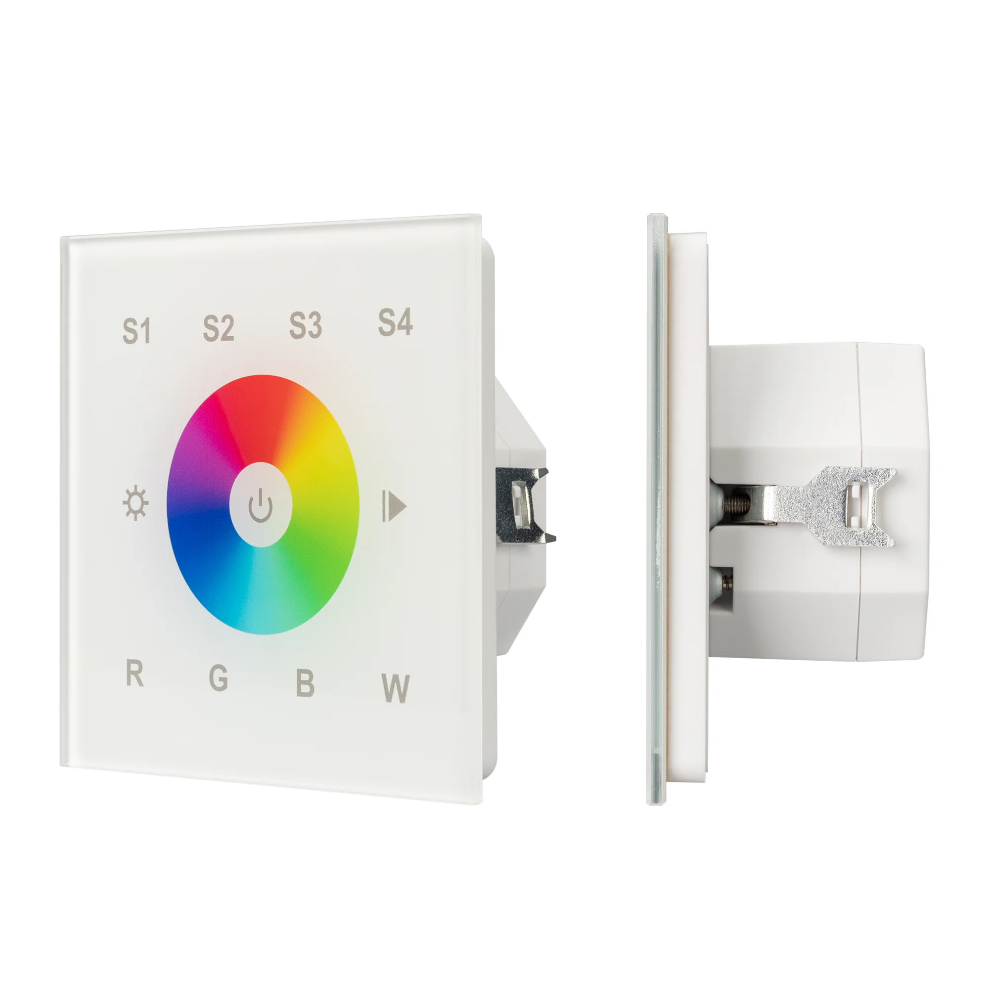 INTELLIGENT ARLIGHT Сенсорная панель DALI-901-11-4G-RGBW-DT8-IN White (BUS/230V) 037202 - Настенная встраиваемая стеклянная панель белого цвета с сенсорным управлением (сенсорное кольцо и 11 сенсорных кнопок) для мультицветных светодиодных RGBW-лент. 4 гр
