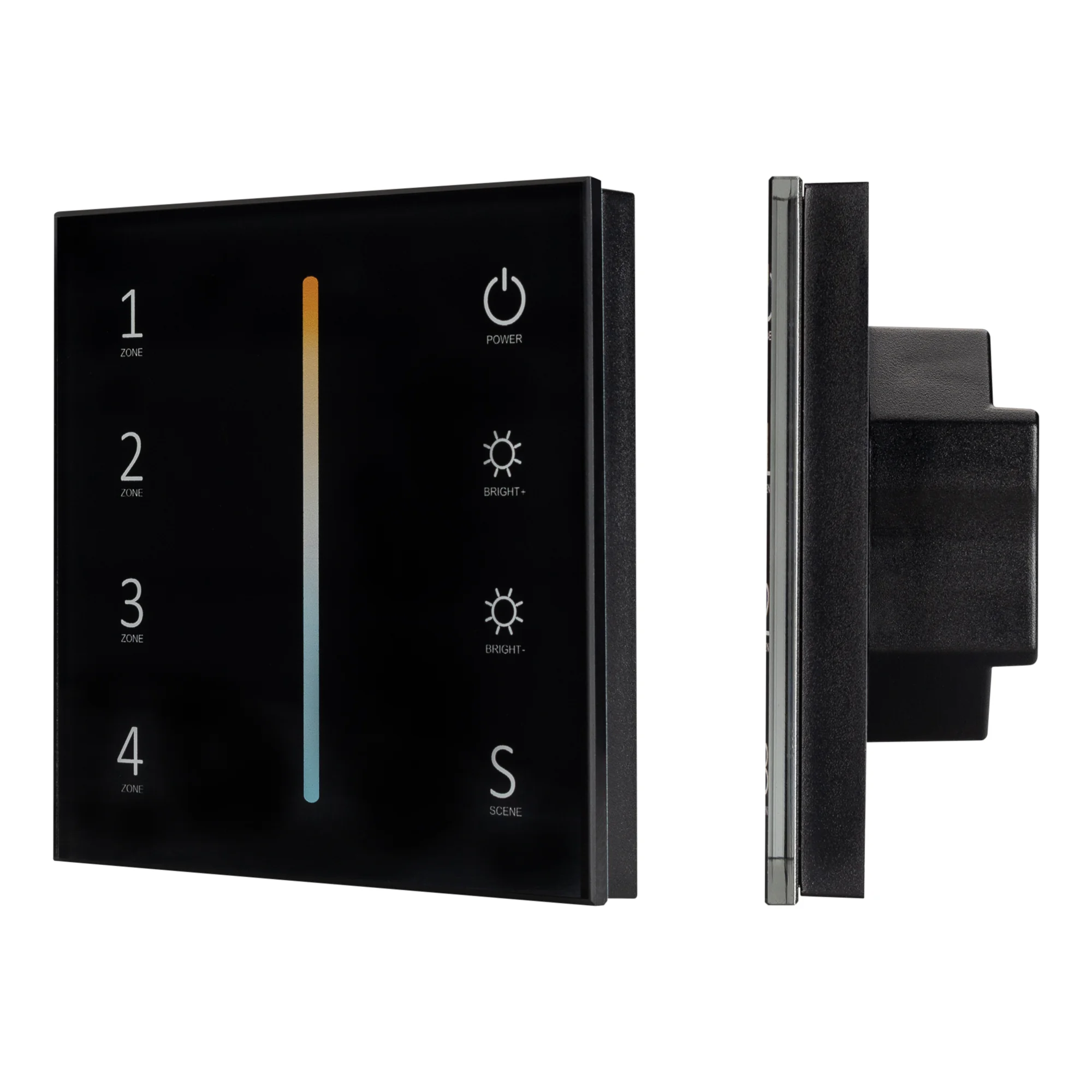 Панель Sens SMART-P43-MIX Black (230V, 4 зоны, 2.4G) 028137 - Встраиваемая сенсорная стеклянная панель 2.4 ГГц, цвет чёрный. Для управления температурой свечения (MIX/CCT) и яркостью с помощью сенсорной полосы. Питание/рабочее напряжение AC 85-265V, 4 зон