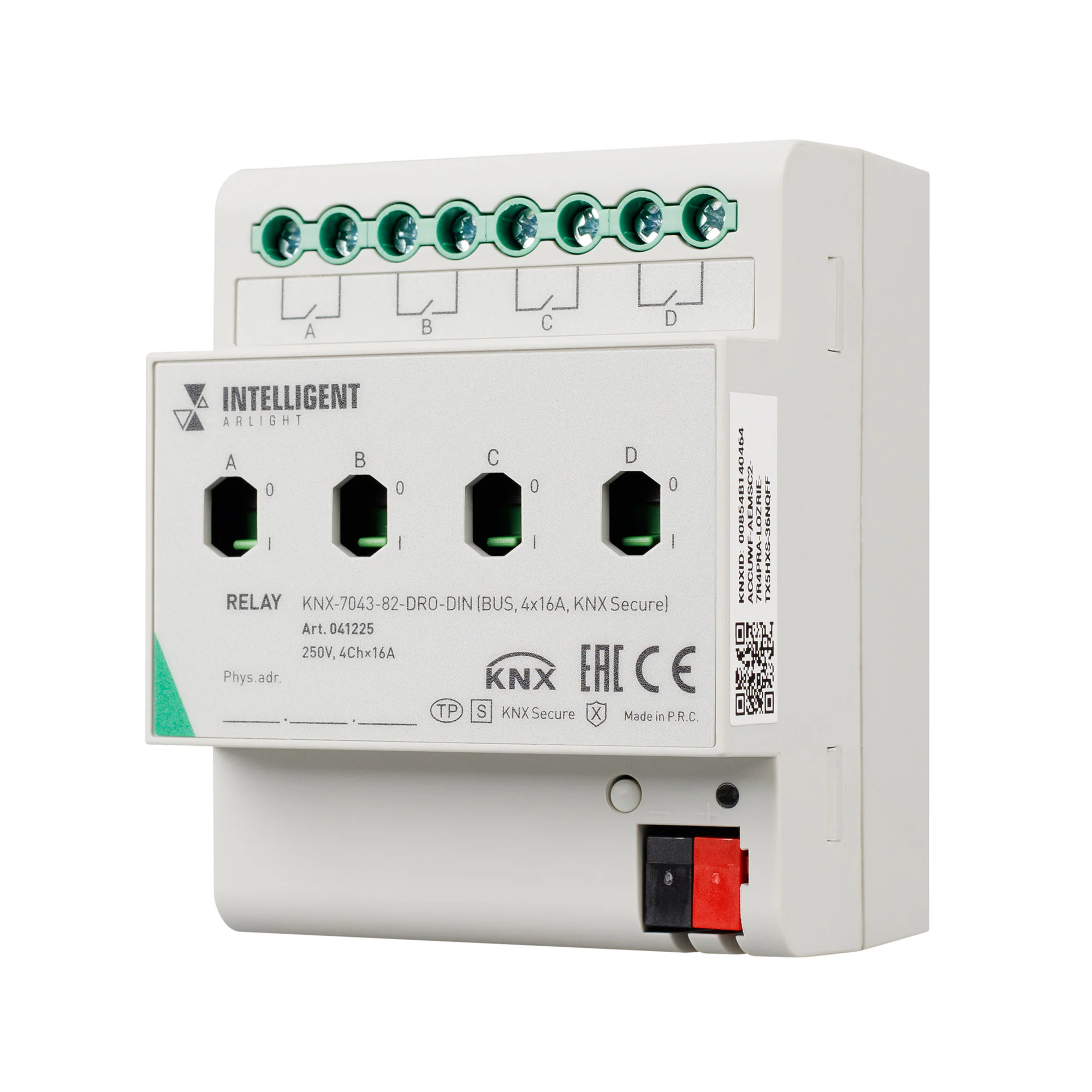 INTELLIGENT ARLIGHT Релейный модуль KNX-7043-82-DRO-DIN (BUS, 4x16А, KNX Secure) 041225 - Релейный модуль 4-х канальный для KNX систем. Установка на DIN рейку.  Напряжение питания DC 21-30V от шины данных. Максимальный коммутируемый ток - 16А/канал. Для к