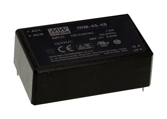 IRM-45-15 - AC-DC, 45Вт, вход 85...305В AC 47...440 Гц, 120...430B DC, выход 15В/3А, изоляция 3000В AC, в корпусе на плату 87x52x29.5мм, -30...+70°C