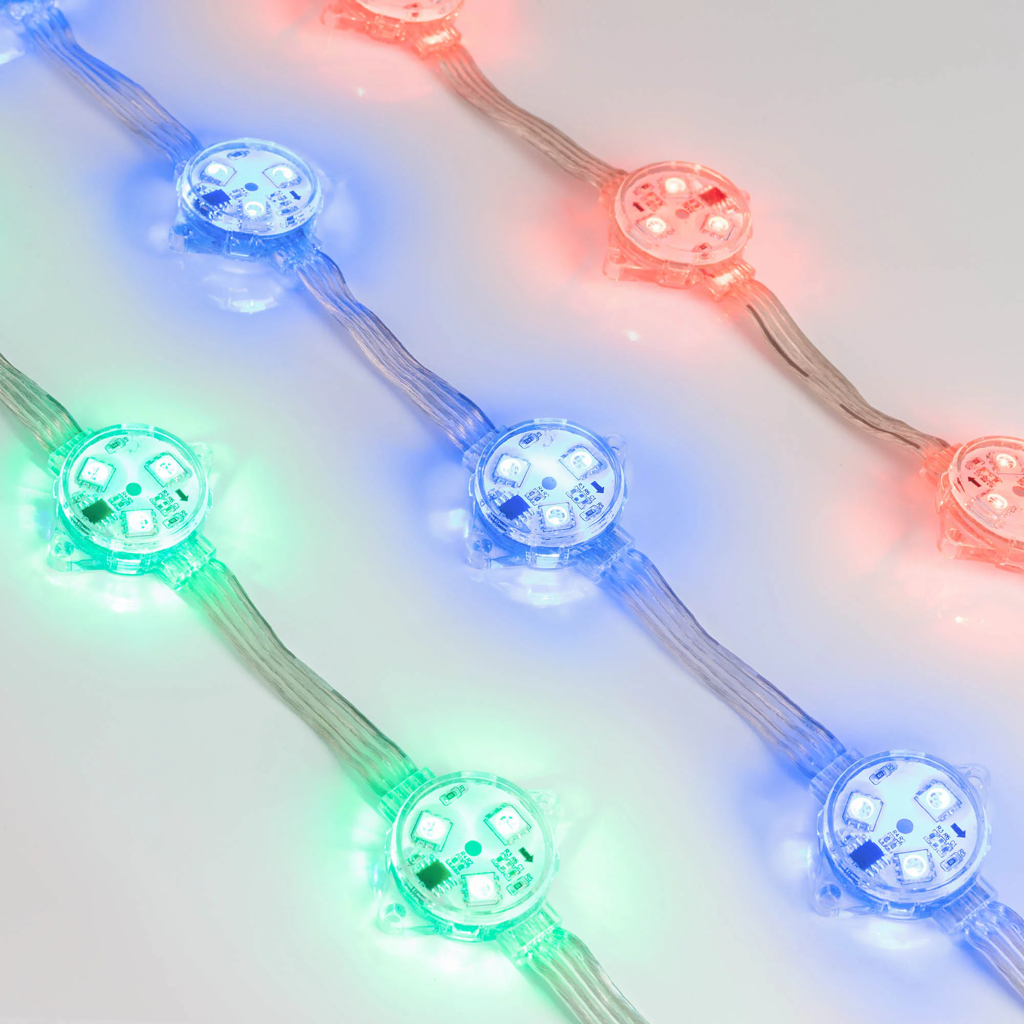 Модуль управляемый DMX-B3-D30 12V RGB (0.72W, IP68, 140 deg) 036772 - Управляемый светодиодный модуль DMX, RGB, микросхема DMX512 (UCS512), напряжение 12 В, мощность 0.72 Вт, 3 светодиода SMD 5060, угол 140°. Создание медиафасадов, 20 шт на проводе, расст