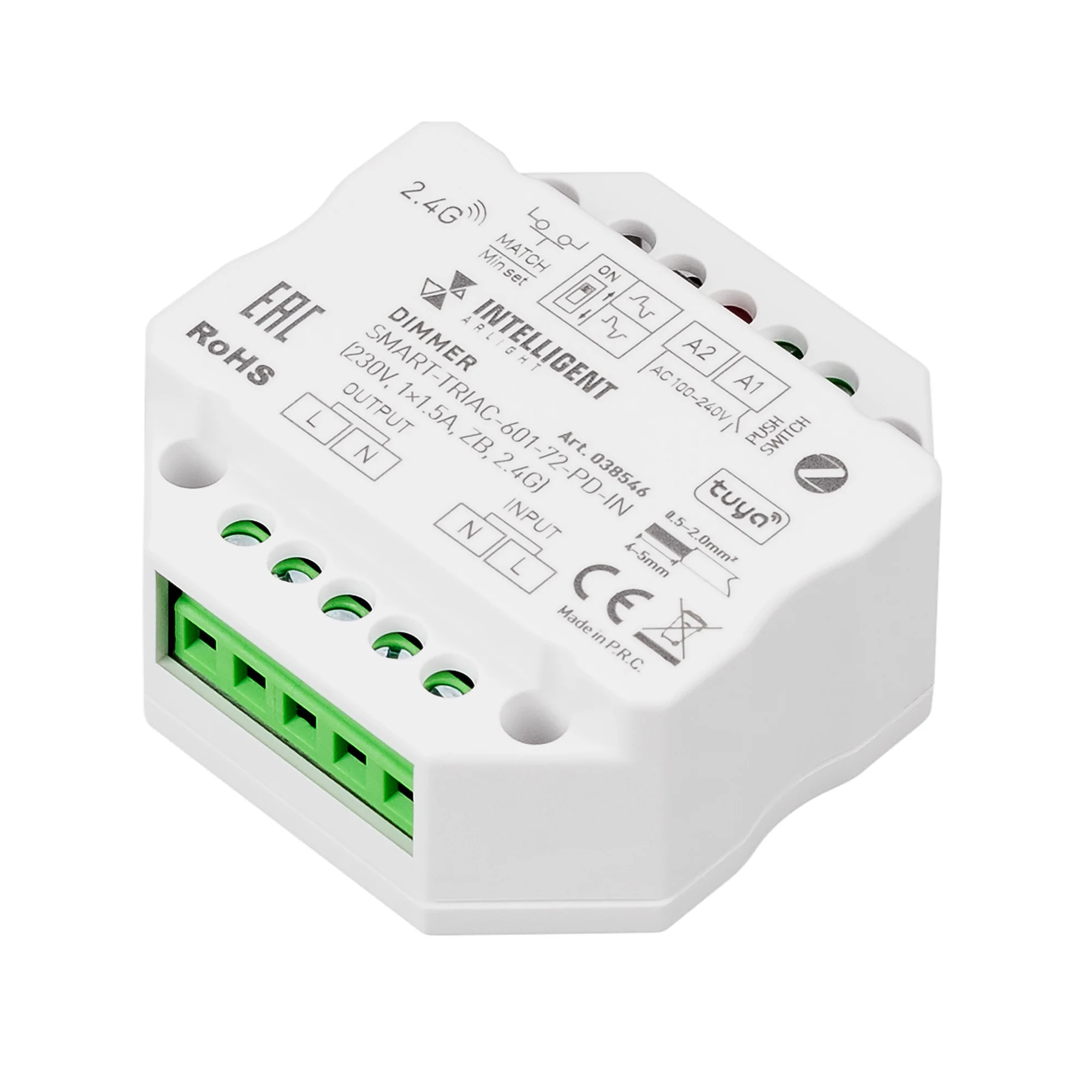 SMART-TRIAC-601-72-PD-IN - TRIAC диммер, предназначенный для установки в подрозетник. Управляется пультами и панелями серии SMART. Интерфейс Tuya, TUYA (ZIGBEE), совместим с приложением INTELLIGENT ARLIGHT и SMART LIFE. Питание 100-240VAC, макс.ток 1.5А. 