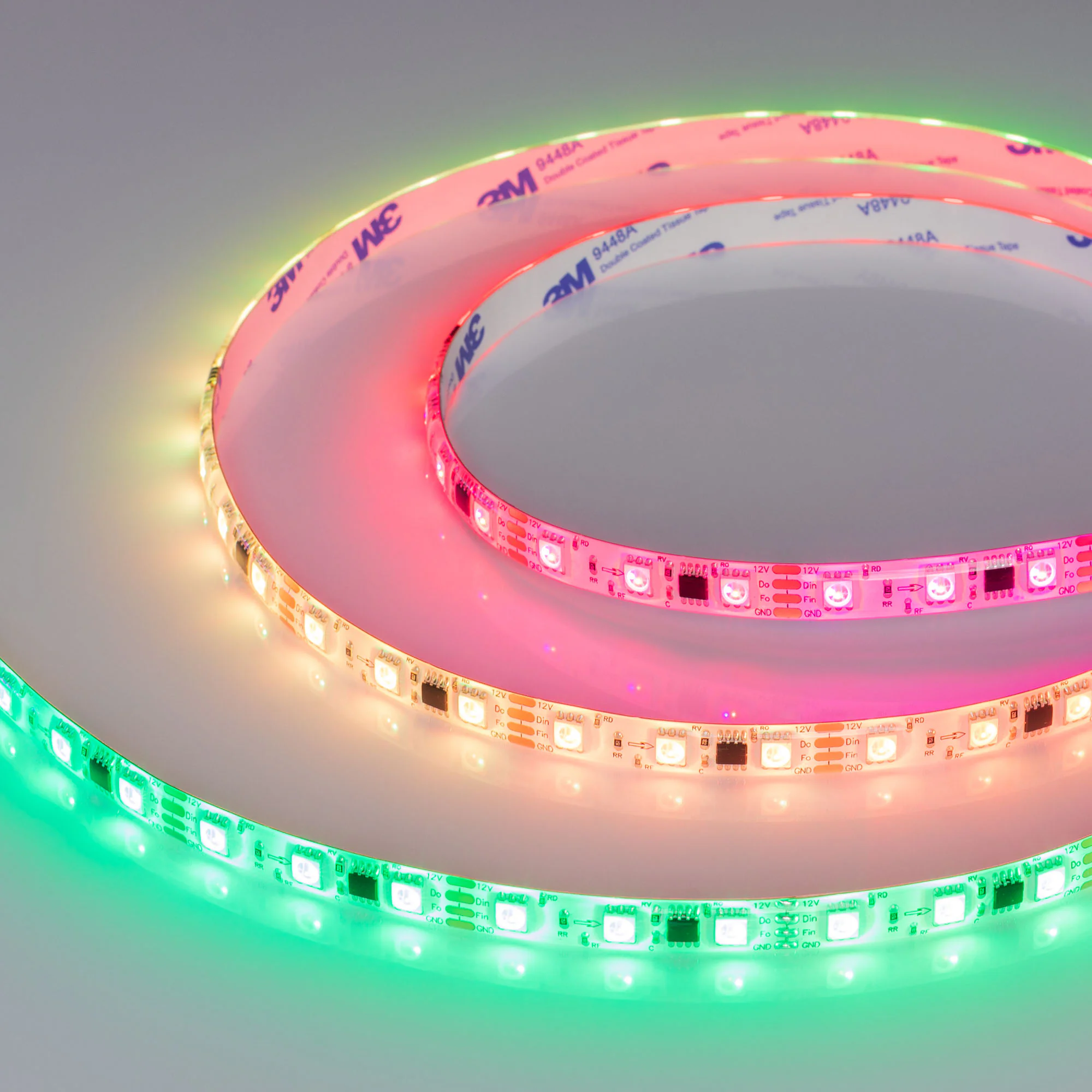 Лента герметичная SPI-SE-B60-10mm 12V RGB-PX3-BPT (12 W/m, IP65, 5060, 5m) 039597 - Светодиодная лента SPI-SE-B60, герметичная IP65 (SE - силиконовое покрытие), с микросхемой MT16703. Светодиоды 5060, 60 шт/м (1 pixel = 3 LED), белая плата, скотч 3М. Цвет