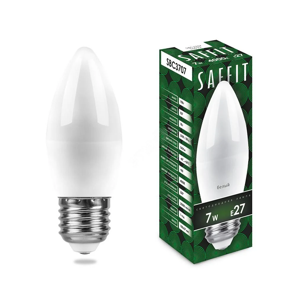 Лампа светодиодная LED 7вт E27 белый матовая свеча 55033