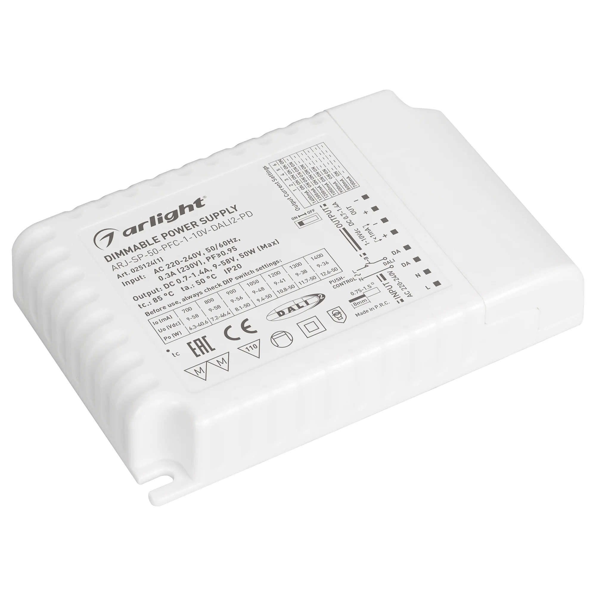 Блок питания ARJ-SP-50-PFC-1-10V-DALI2-PD (50W, 700-1400mA) 025124(1) - Диммируемый источник тока по протоколу DALI 2.0 (диапазон 2-100%) и 1-10V (диапазон 2%-100%) с гальванической развязкой для светильников и мощных светодиодов. Входное напряжение 220-2