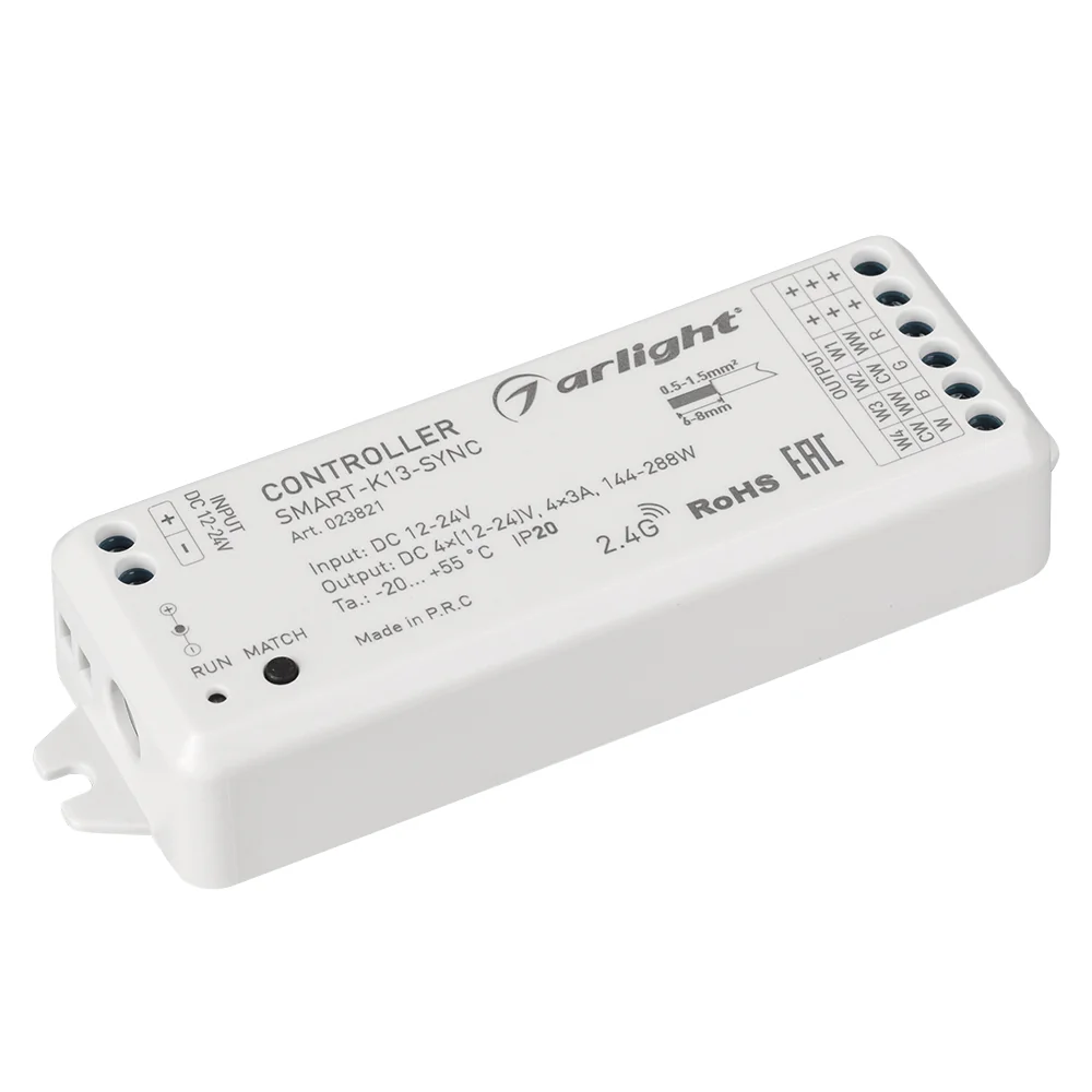 Контроллер SMART-K13-SYNC (12-24V, 4x3A, 2.4G) 023821 - Миниатюрный универсальный 4-х канальный контроллер для светодиодной DIM/MIX/RGB/RGBW лент и модулей (ШИМ). Сихронизация с аналогичными контроллерами до 15 метров, общая длина системы до 100 метров. П
