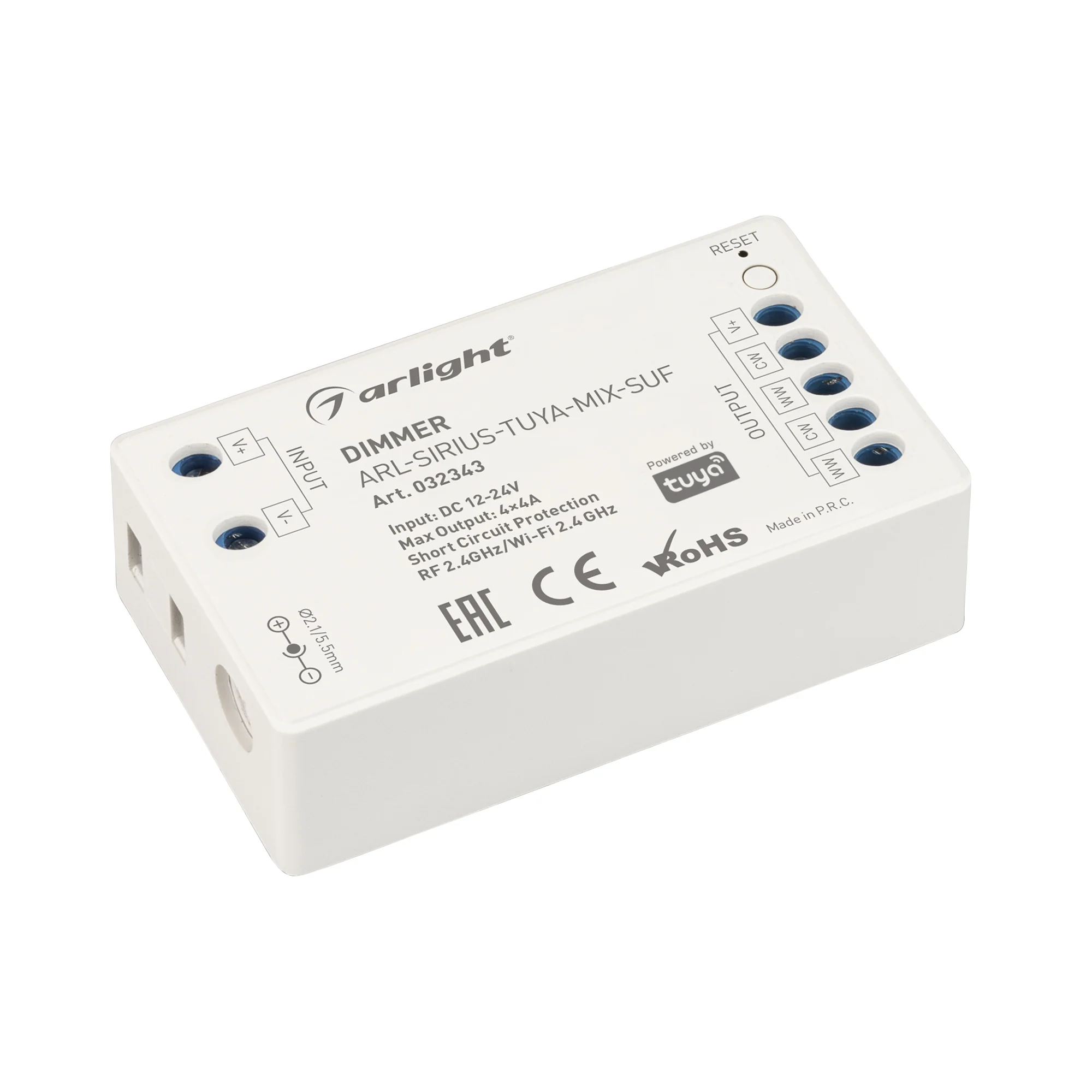 Диммер ARL-SIRIUS-TUYA-MIX-SUF (12-24V, 4x4A, 2.4G) 032343 - Контроллер двухканальный для MIX светодиодных лент. Питание/рабочее напряжение 12-24VDC, максимальный ток 4A на канал, 4 канала, максимальная мощность 192-384W. Частота ШИМ 1kГц, Wi-Fi 2.4G. Вин
