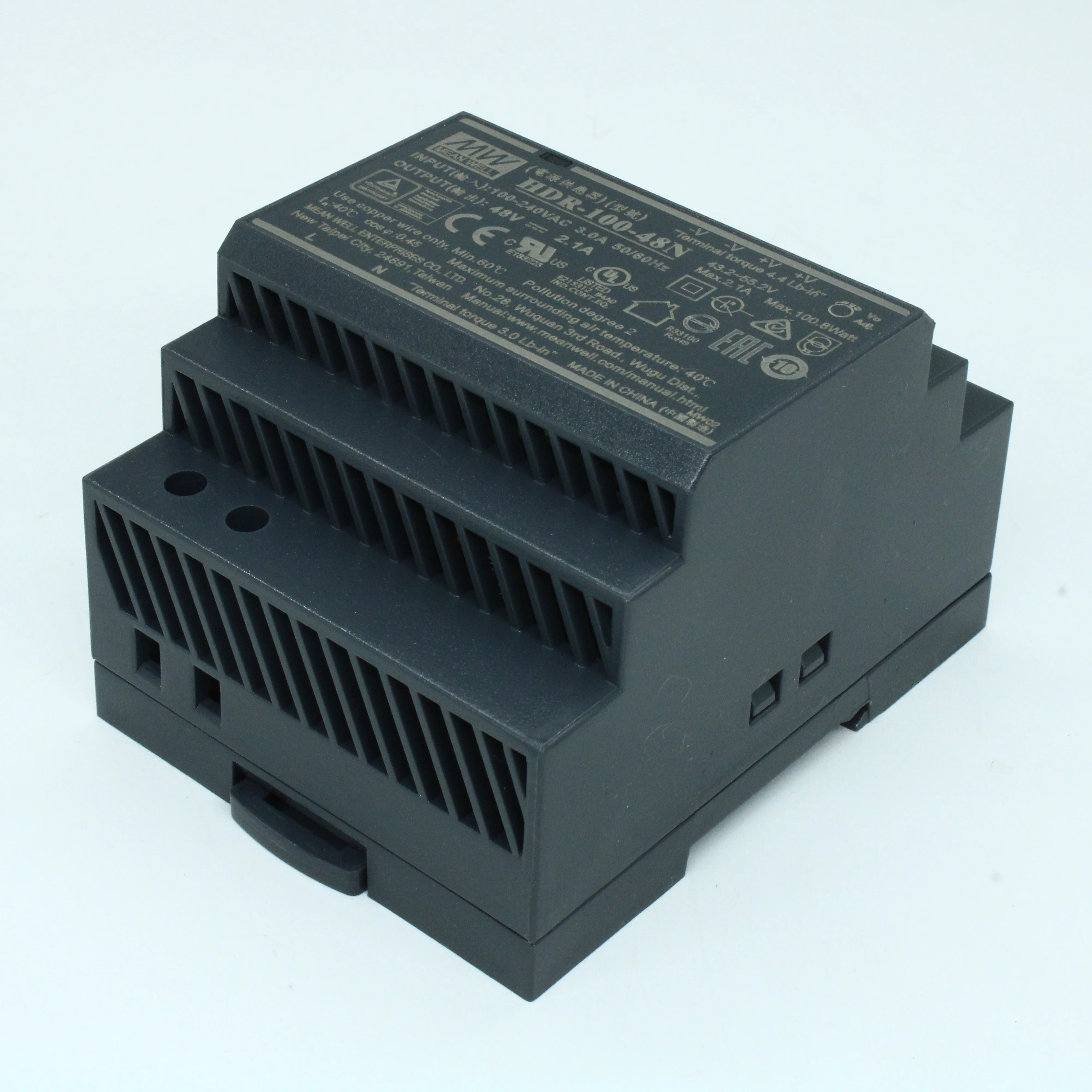 HDR-100-48N - AC-DC, 100.8Вт, вход 85...264 В AC 47...63Гц/120...370В DC, выход 48В/2.1А, рег. выхода 48…48.7В, изоляция 3000В AC, в кожухе на DIN-рейку, 70х90х54.5мм, -30...+70°С