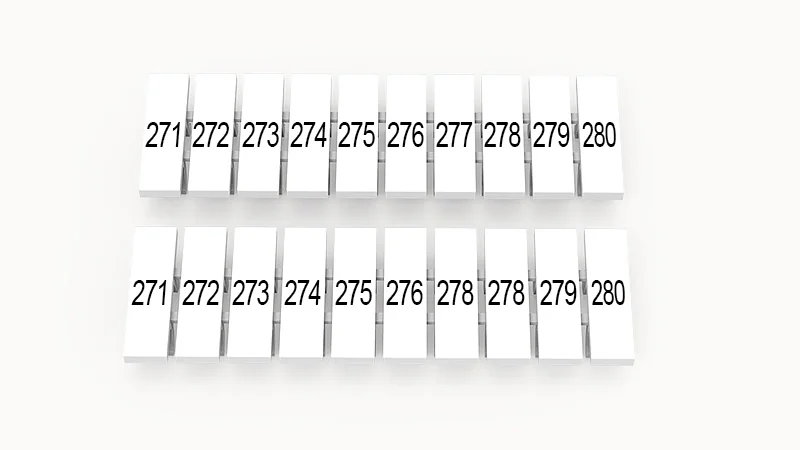 Марк.  полоска ZB3.5-10P-19-37Z(H) - Маркировочные шильдики для клемм DS…, сечением 1,5 мм кв., центральная, 10 шильдиков нанесенные символы: 271-280, с вертикальным расположением, размер шильдика: 2,95х10,7 мм, цвет белый