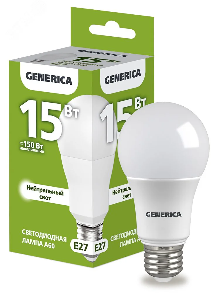 Лампа светодиодная A60 груша 15Вт 230В 4000К E27 GENERICA LL-A60-15-230-40-E27-G