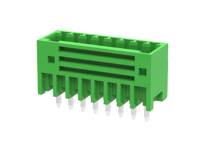 Вилочный разъем на плату MC-PA2.5V02-0002 - Вилочный разъем, вертикальный, на плату, шаг: 2.5 мм, 2 полюса, фиксация на плате пайкой, исполнение: стандартное, 160V, 4A, цвет: зеленый
