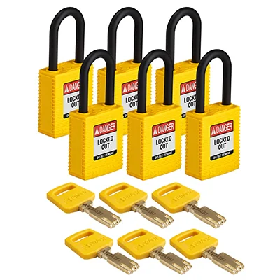 gws150265 - Замки SafeKey нейлоновые с пластиковой дужкой, высота дужки – 38 мм, диаметр дужки – 6.4 мм, нейлоновый корпус, размеры корпуса – 46х38х19 мм, цвет – желтый, 6 шт/упак