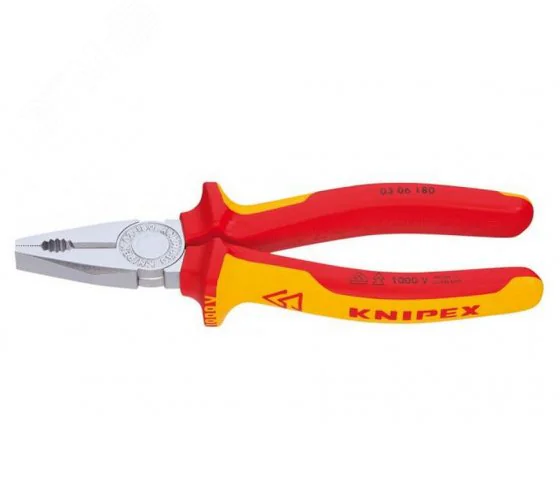 Пассатижи KN-0306200 - Плоскогубцы комбинированные с режущей кромкой, с изолированными многокомпонентными рукоятками, испытанными на соответствие нормам VDE, длина 200мм