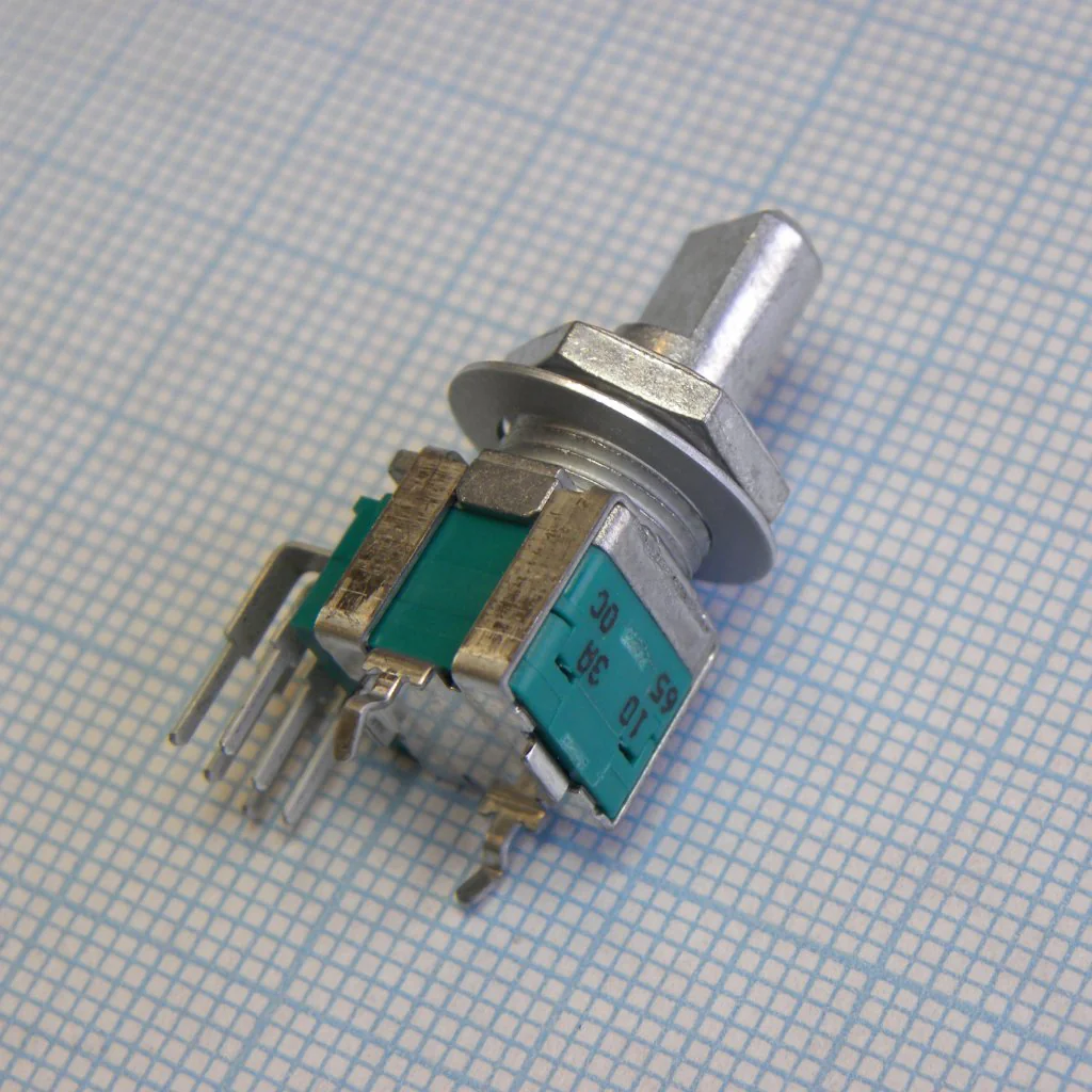 RK09L1240015 - Potentiometer RK09L Series, Dual-unit, Vertical, Flat shift 15mm, With detent, 10K, 1B, For tone