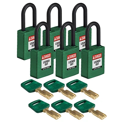 gws150334 - Замки SafeKey нейлоновые с пластиковой дужкой, высота дужки – 38 мм, диаметр дужки – 6.4 мм, нейлоновый корпус, размеры корпуса – 46х38х19 мм, цвет – зеленый, 6 шт/упак