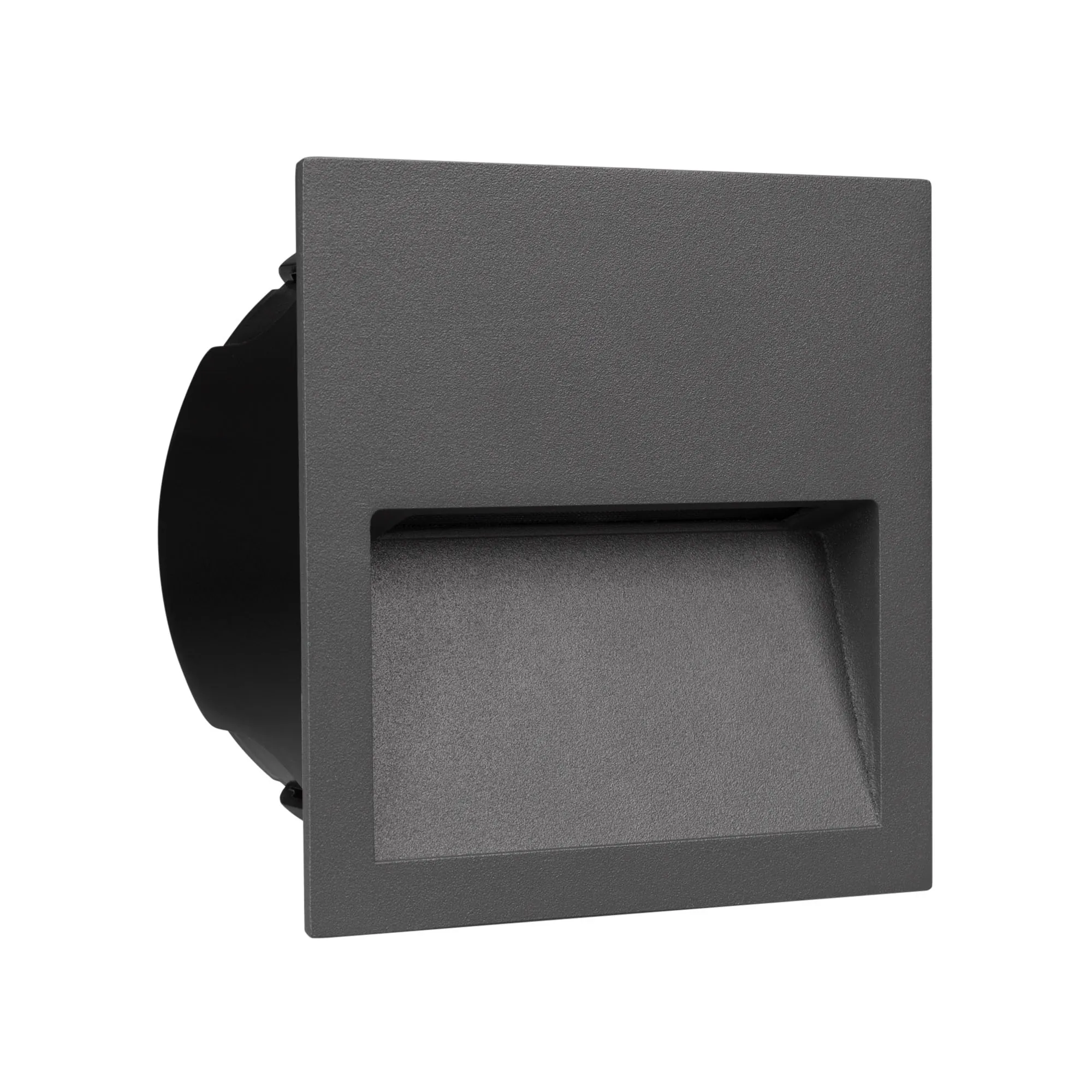 Светильник LTD-TRAIL-S115x115-4W Warm3000 (GR, 70 deg, 230V) 029963 - Светодиодный встраиваемый квадратный светильник для стен, лестниц, 4Вт. Цвет ТЕПЛЫЙ БЕЛЫЙ 3000K, св.поток 220лм, CRI(Ra)>80, угол 70°, асимметричный свет. Размер 115x115x37мм (закладная