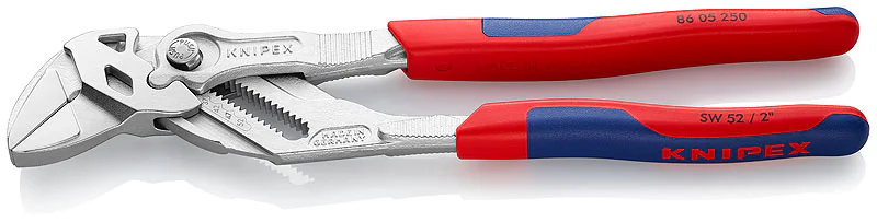 Переставные клещи - гаечный ключ KN-8605250SB - Сочетание двух инструментов в одном позволяет заменить полный набор гаечных ключей как метрических, так и дюймовых, многокомпонентные рукоятки, длина 250мм