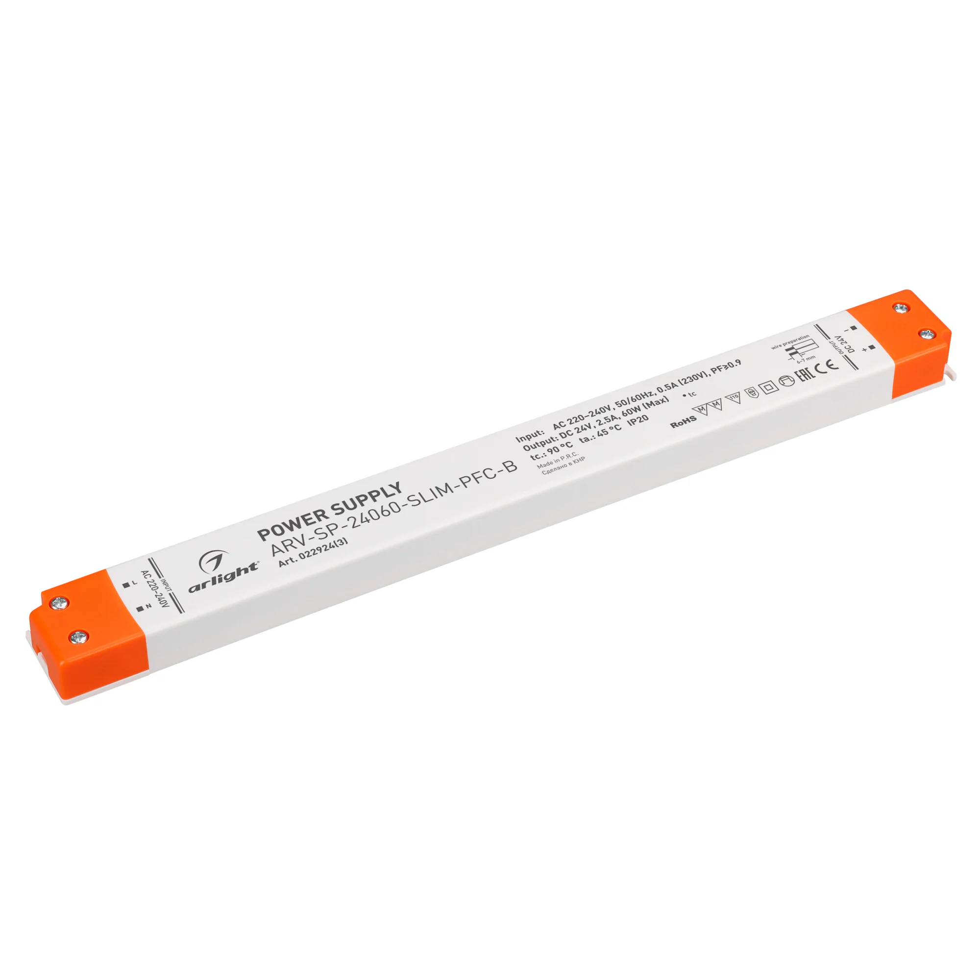 Блок питания ARV-SP-24060-SLIM-PFC-B (24V, 2.5A, 60W) 022924(3) - Источник напряжения с гальванической развязкой для светодиодных изделий. Входное напряжение 220-240 VAC. Выходные параметры: 24 В, 2.5 А, 60 Вт. Встроенный PFC >0.95. Негерметичный пластико