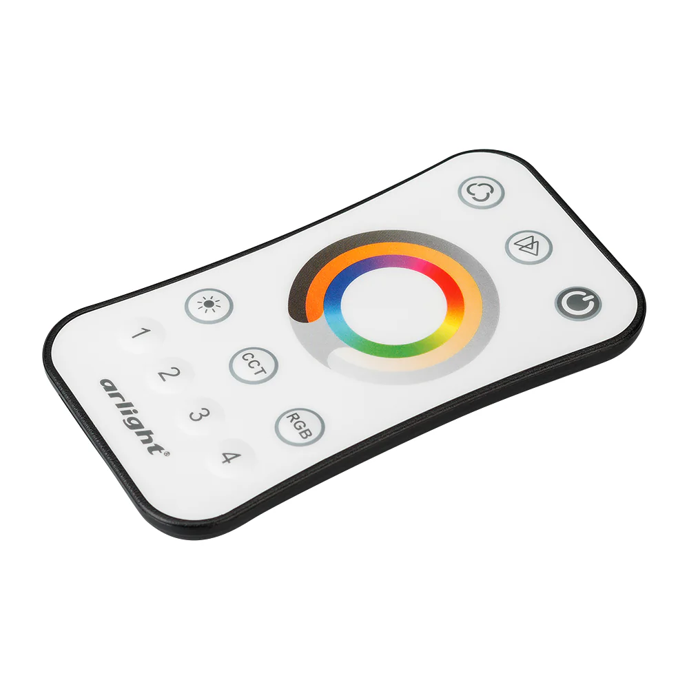 Пульт SMART-R16-MULTI (4 зоны, 2.4G) 022667 - Кнопочный радиопульт с сенсорным кольцом 2.4 ГГц белого цвета для управления DIM/MIX/RGB/RGBW источниками света. 4 зоны управления, 4 слота памяти пользовательских настроек, выбор цвета и типа управления с пом