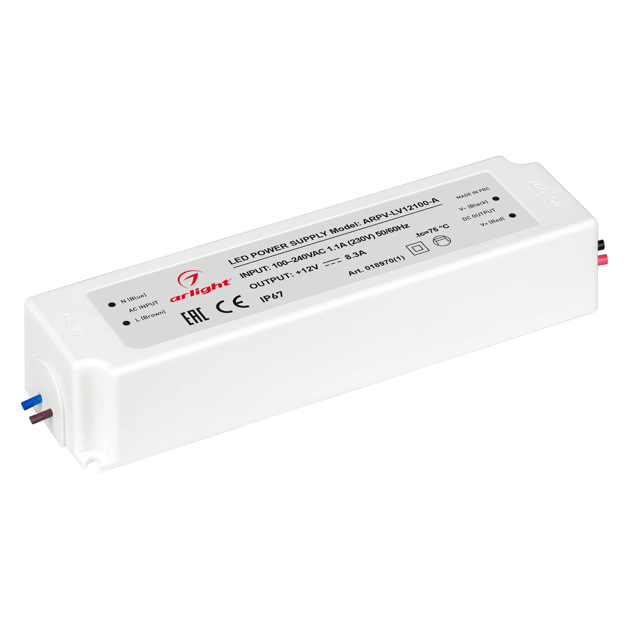 Блок питания ARPV-LV12100-A (12V, 8.3A, 100W) 018970(1) - Блок питания 12V с гальванической развязкой, ток 8.3А, 100Вт. Герметичный пластиковый корпус IP67, для светодиодных изделий. Вход 100-240V AC, выход 12V DC +-5%. Cертификат CE (EMC+LVD). Размеры 19
