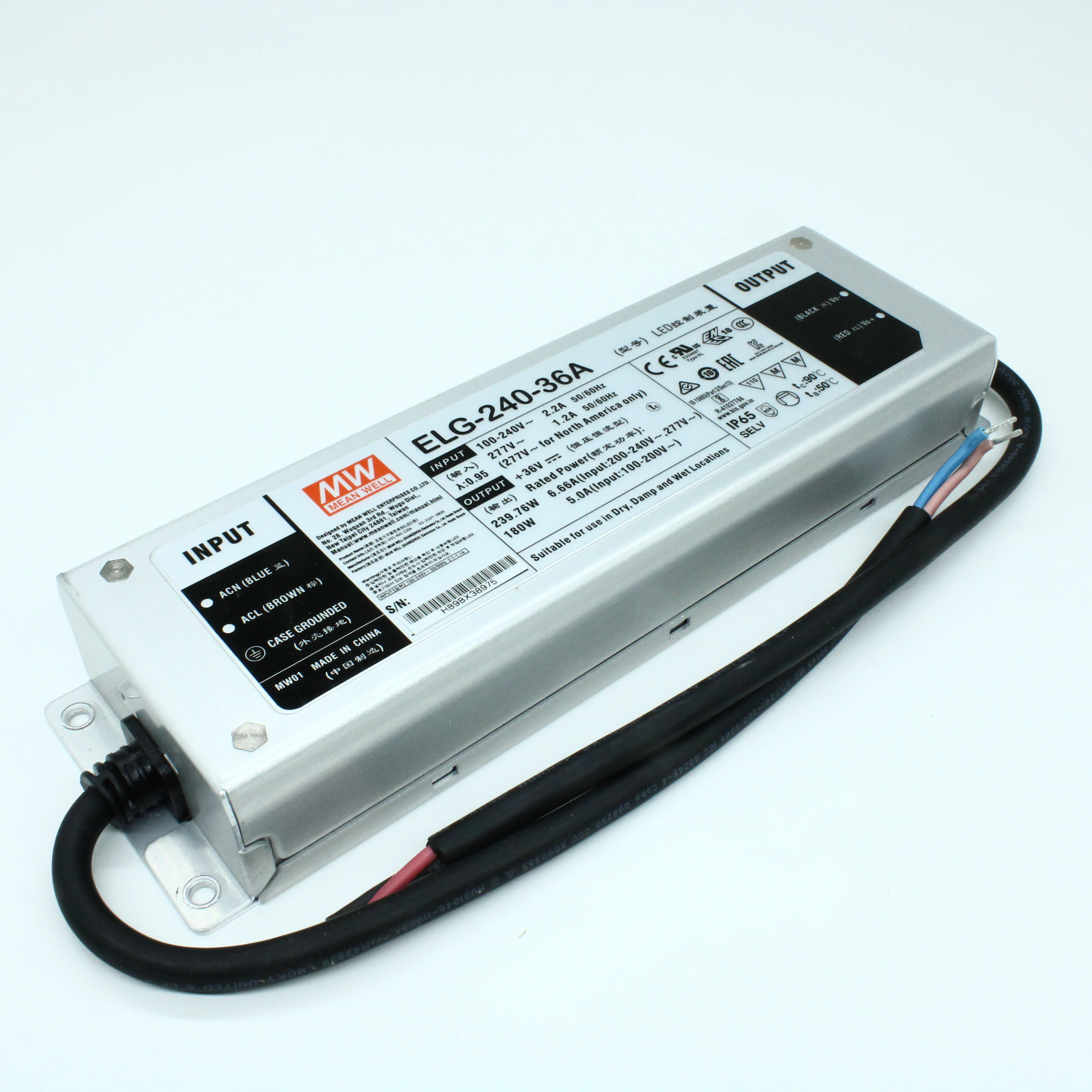 ELG-240-36A - AC-DC, 239.8Вт, IP65, вход 100…305В AC, 47…63Гц/142…431В DC, ККМ, выход 18...36В/6.66А, изоляция 3750В AC, в кожухе 244х71х37.5мм, -40…+85°С (корпус), потенциометры, провод заземления