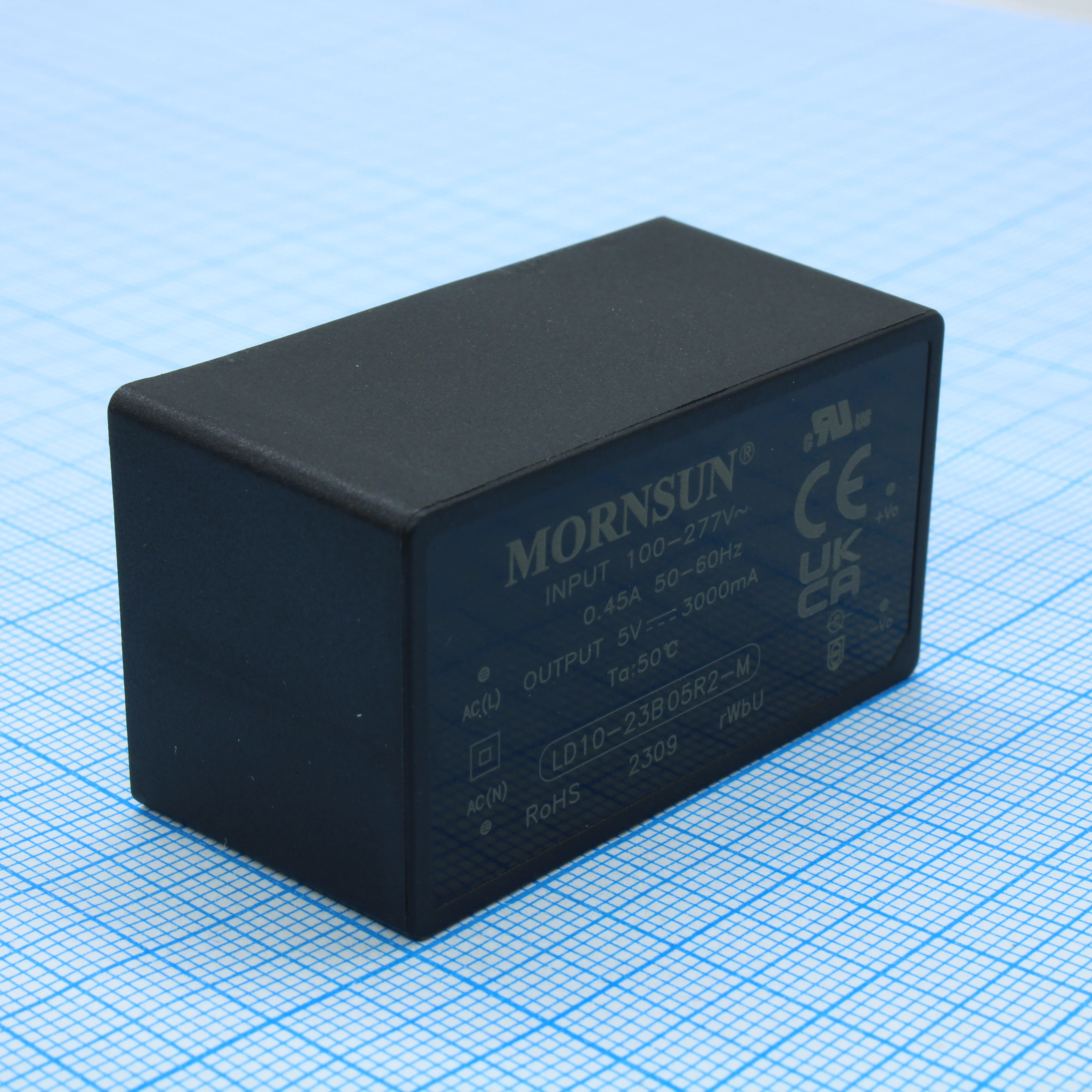 LD10-23B05R2-M - AC-DC, 10Вт, вход 85…305В AC 47…63 Гц, 100…430B DC, выход 5В/2А, изоляция 4000В AC, КПД 85%, в корпусе на плату 47.6х26.8х23.5мм, -40...+85°C