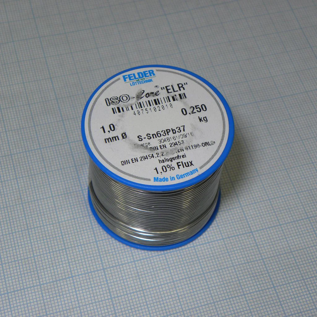 Припой Sn63Pb37 ELR  1.0мм 250гр - Припой трубчатый оловянно-свинцовый ПОС63, флюс 1% ELR безгалогенный органический (ROL0) в катушке