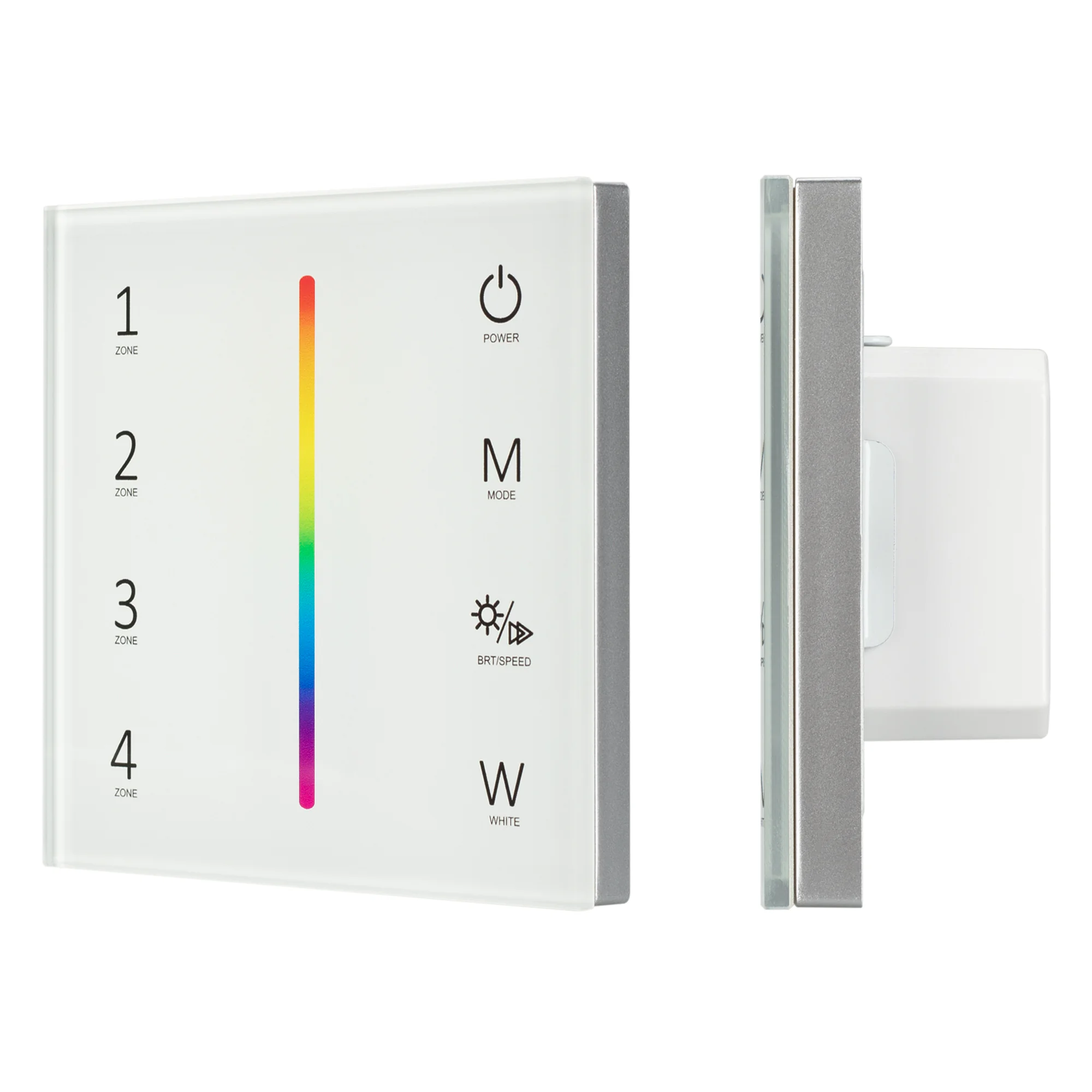 Панель Sens SMART-P45-RGBW White (230V, 4 зоны, 2.4G) 028140 - Встраиваемая сенсорная стеклянная панель 2.4 ГГц, цвет белый. Для управления RGBW источниками света с помощью сенсорной полосы. Питание/рабочее напряжение AC 85-265V, 4 зоны управления. Функци