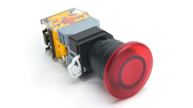 Кнопка  DT22A-MRD11/YEAC/DC24 - Кнопка управления в сборе, без фиксации, 24 - 380VAC / DC, 0,6 - 10A, с подсветкой, 24VDC, грибок, 1NO1NC, цвет: желтый, диаметр отверстия: 22 мм, пластиковая обойма кнопки
