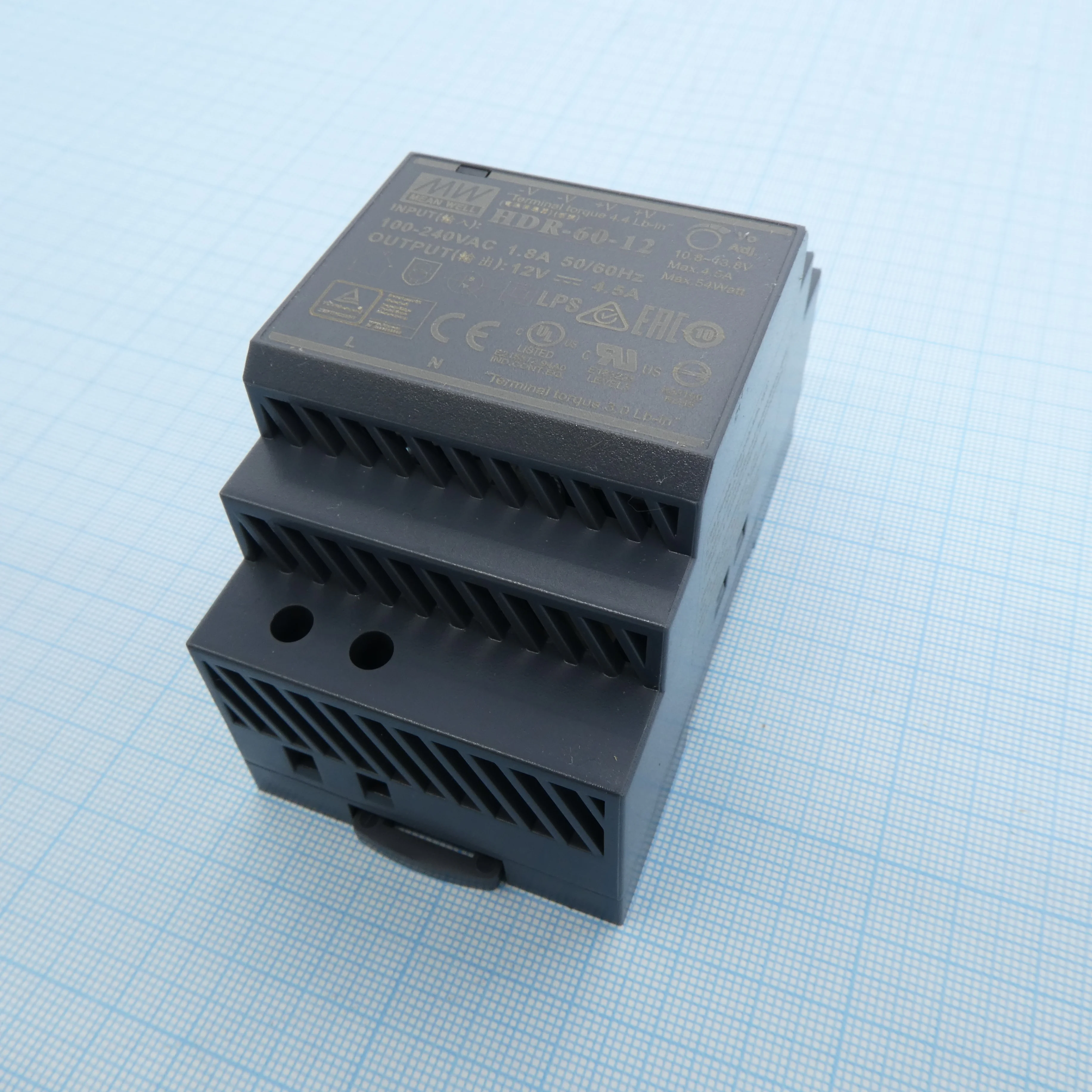 HDR-60-12 - AC-DC, 54Вт, вход 85...264 В AC 47...63Гц/120...370В DC, выход 12В/4.5А, изоляция 3000В AC, в кожухе на DIN-рейку, 52.5х90х54.5мм, -30...+70°С