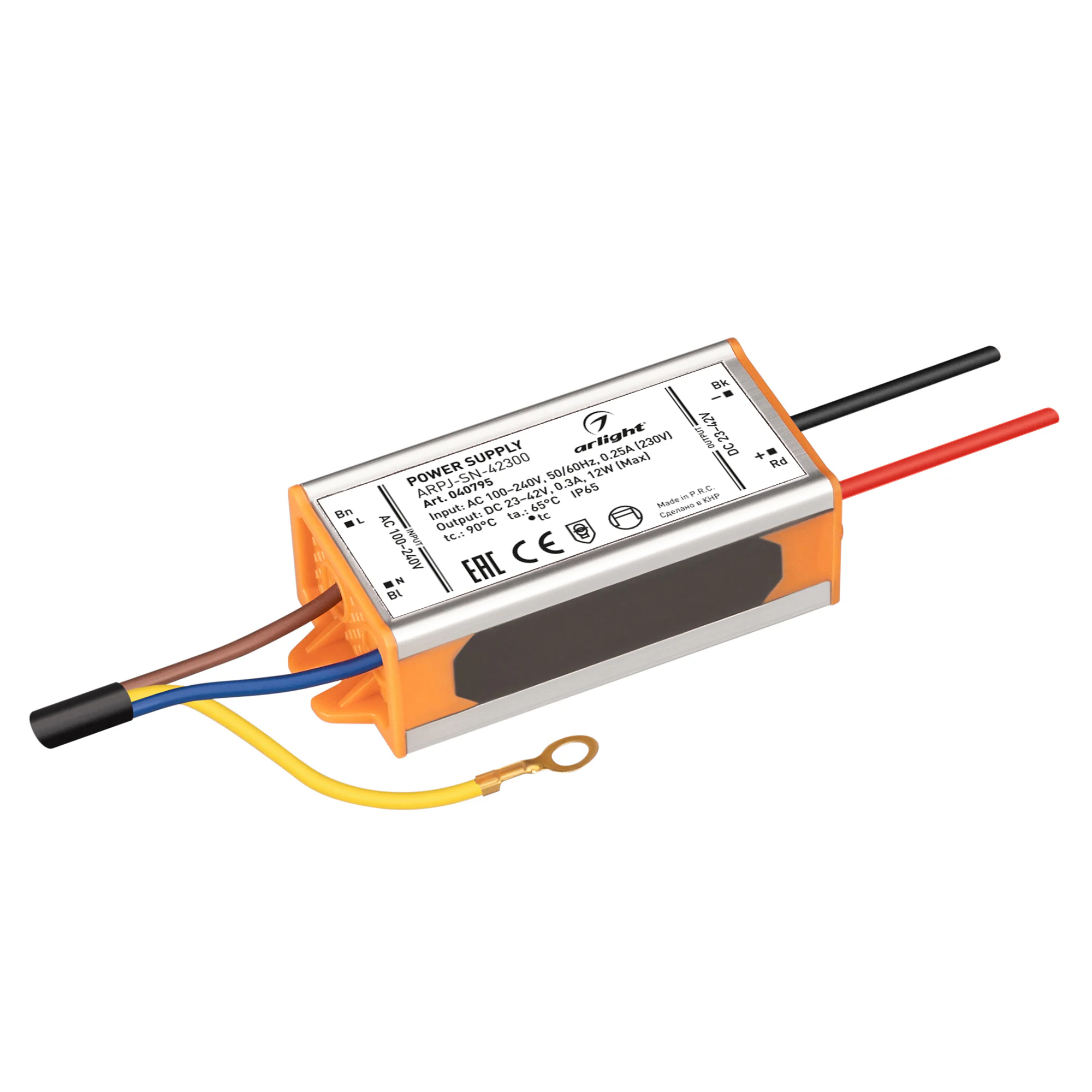 Блок питания ARPJ-SN-42300 (12W, 23-42V, 300mA) 040795 - Источник тока с гальванической развязкой для уличных светильников и мощных светодиодов. Входное напряжение 100-240 VAC. Выходные параметры: 23-42 В, 300 mА, 12 Вт. PF >0.5. Герметичный металлический