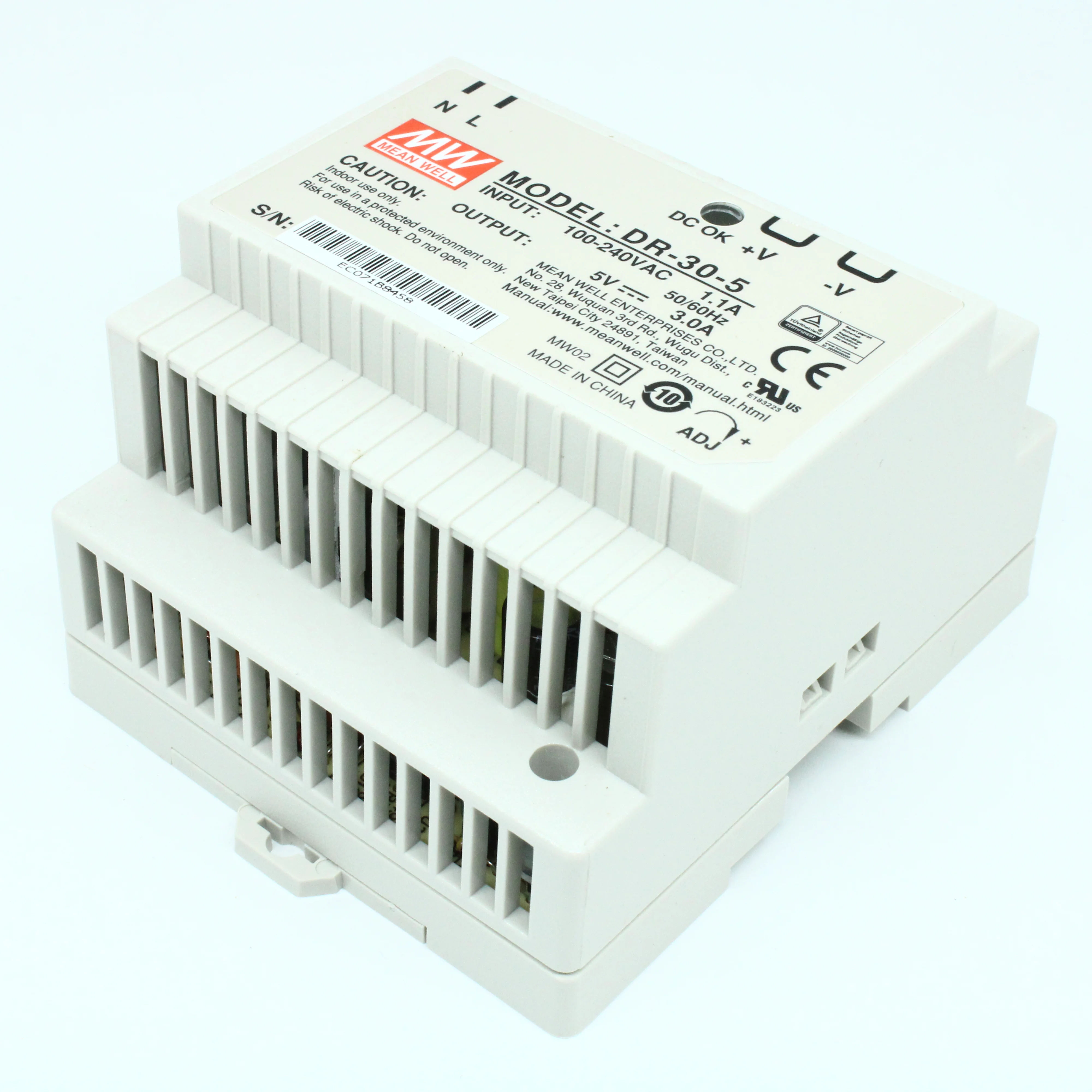 DR-30-5 - Преобразователь AC-DC на DIN-рейку  15Вт, выход 5В/0…3A, рег. вых=±10%Uном, вход 85…264V AC, 47…63Гц /120…370В DC, изоляция 3000В AC, в кожухе  78х93х56мм, -20…+60°С