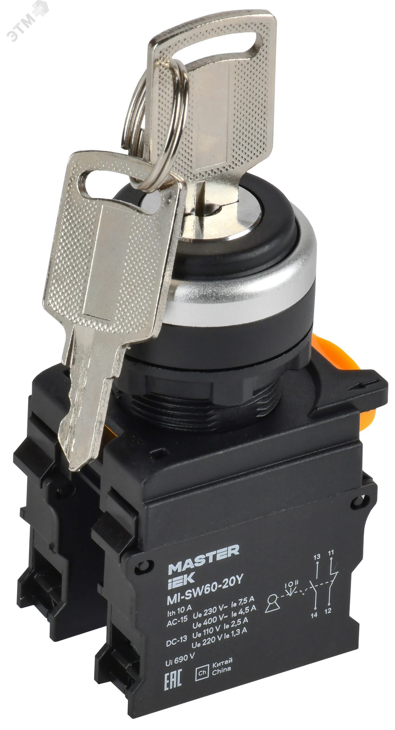 Переключатель с ключом 3 полож. 1NO+1NC ч-рный MASTER IEK MI-SW60-20Y-3-34-3-K02