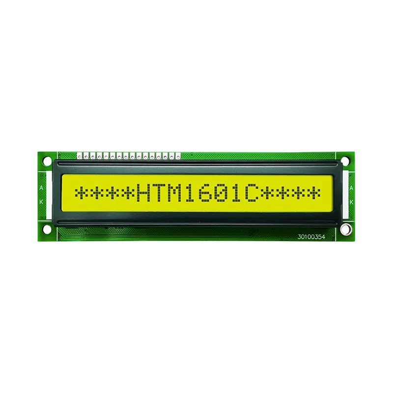 HTM1601C-01Y-T5P 6H - ЖКИ знакосинтезирующий 16 x 1, STN Желто-зеленый Позитивный/прозрачно-отражающий светодиодная подсветка желто-зеленая размеры 122x33 мм, видимая область 99x13 мм, -20...70°C, 6 o`clock, 16 контактов сверху