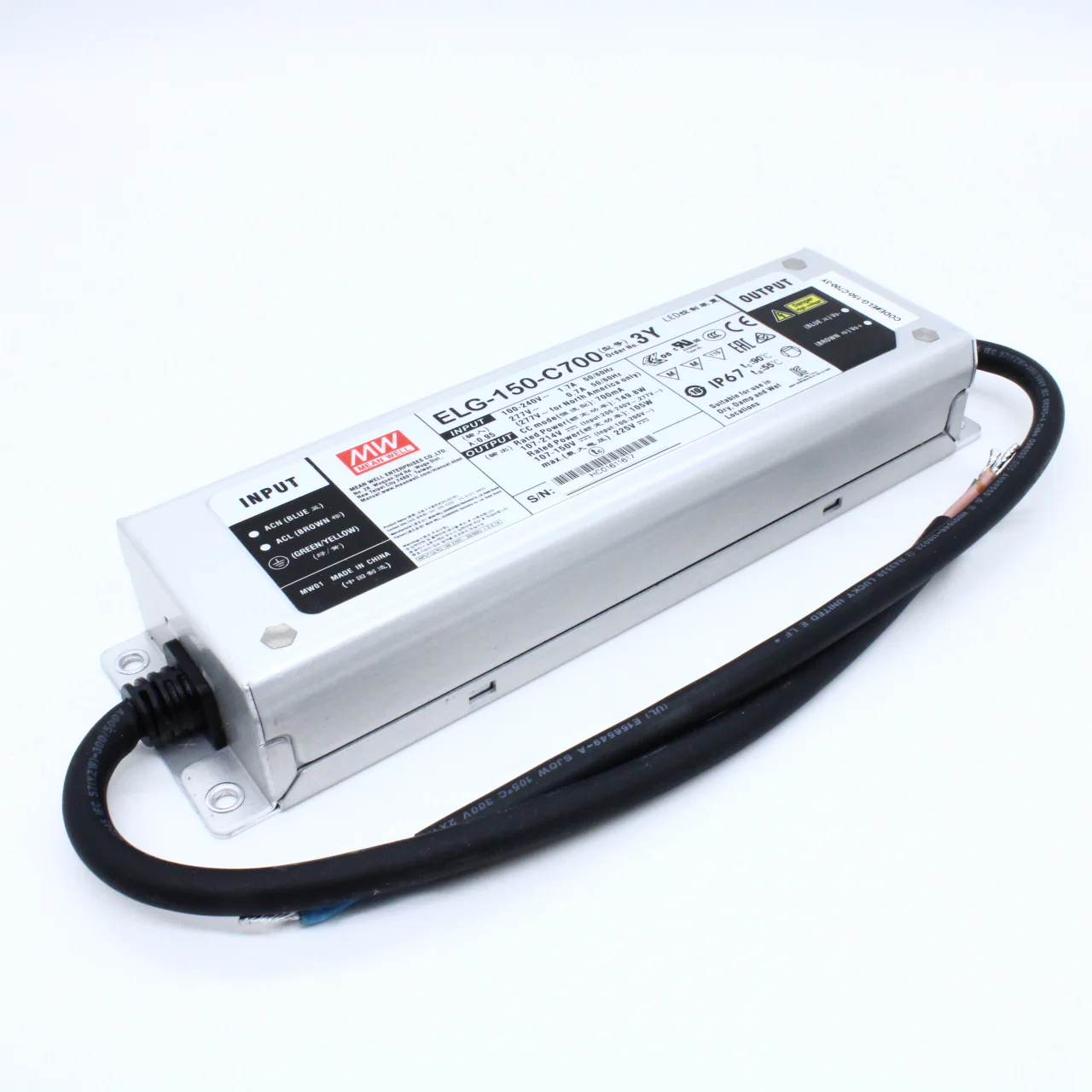 ELG-150-C700-3Y - AC-DC, 149.8Вт, IP67, вход 100…305В AC, 47…63Гц/142…431В DC, ККМ, выход 107…214В/700мА, изоляция 3750В AC, в кожухе 219х63х35.5, -40…+70°С, провод заземления