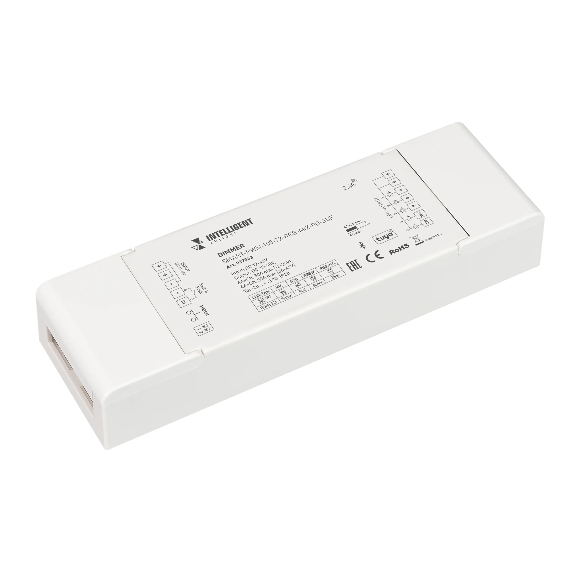INTELLIGENT ARLIGHT Диммер SMART-PWM-105-72-RGB-MIX-PD-SUF (12-48V, 5x6A, TUYA BLE, 2.4G) 037343 - Многофункциональный 5-канальный контроллер для светодиодной RGB и MIX лент и модулей (ШИМ), интерфейс TUYA (Bluetooth), поддерживается управление ЯНДЕКС АЛИ