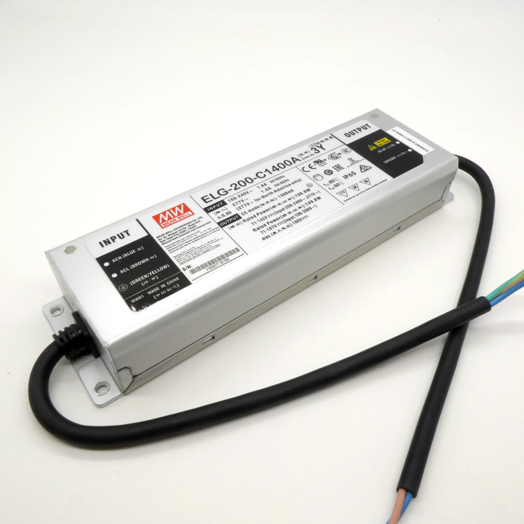 ELG-200-C1400A-3Y - AC-DC, 198.8Вт, IP65, вход 100…305В AC, 47…63Гц/142…431В DC, ККМ, выход 71...142В/1400мА, изоляция 3750В AC, в кожухе 244х71х37.5, -40…+85°С (корпус), потенциометры, с проводом заземления