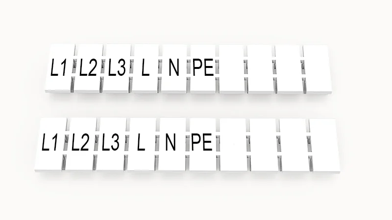 Марк.  полоска ZB6-10P-19-72Z(H) - Маркировочные шильдики для клемм WS…, DC…, PC…, сечением 4 мм кв., центральная, 10 шильдиков нанесенные символы: L1 L2 L3 L N PE 2 комплекта),с вертикальнымрасположением, размер шильдика: 5,55х10,7 мм, цвет белый