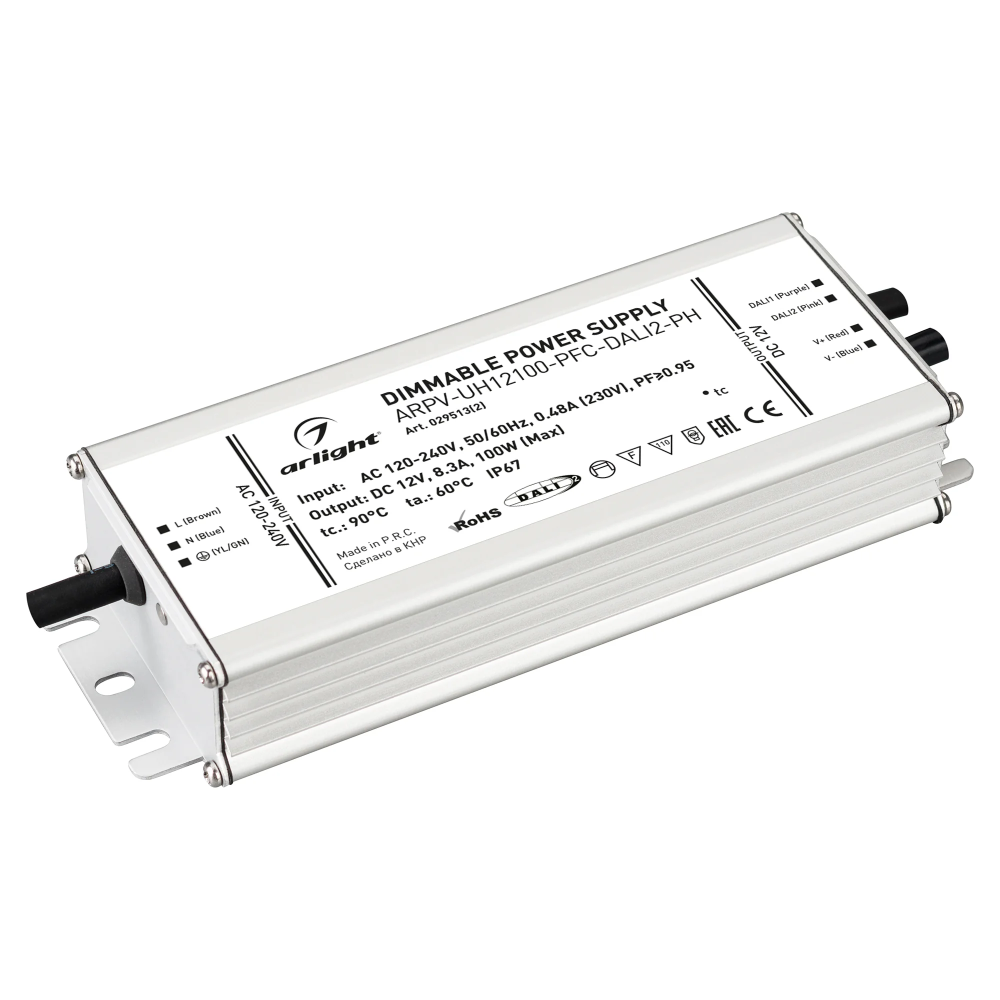 Блок питания ARPV-UH12100-PFC-DALI2-PH (12V, 8.3A, 100W) 029513(2) - Диммируемый источник напряжения по протоколу DALI2.0 с гальванической развязкой для светодиодных изделий. Входное напряжение 120-240 VAC. Выходные параметры: 12 В, 8.3 А, 100 Вт. Встроен