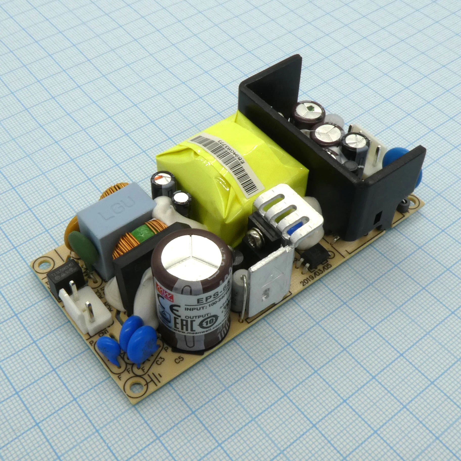EPS-65-24 - AC-DC, 65Вт, вход 85…264V AC, 47…63Гц /120…370В DC, выход 24В/2.71A, рег. вых 21.6…27В, изоляция 3000В AC, открытая плата 101.6х50.8х29мм, -30…+70°С