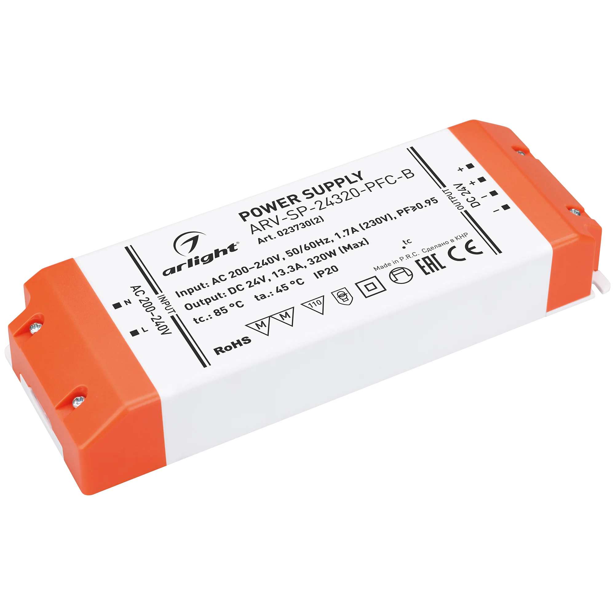 Блок питания ARV-SP-24320-PFC-B (24V, 13.3A, 320W) 023730(2) - Источник напряжения с гальванической развязкой для светодиодных изделий. Входное напряжение 220-240 VAC. Выходные параметры: 24 В, 13.3 А, 320 Вт. Встроенный PFC >0.95. Негерметичный пластиков