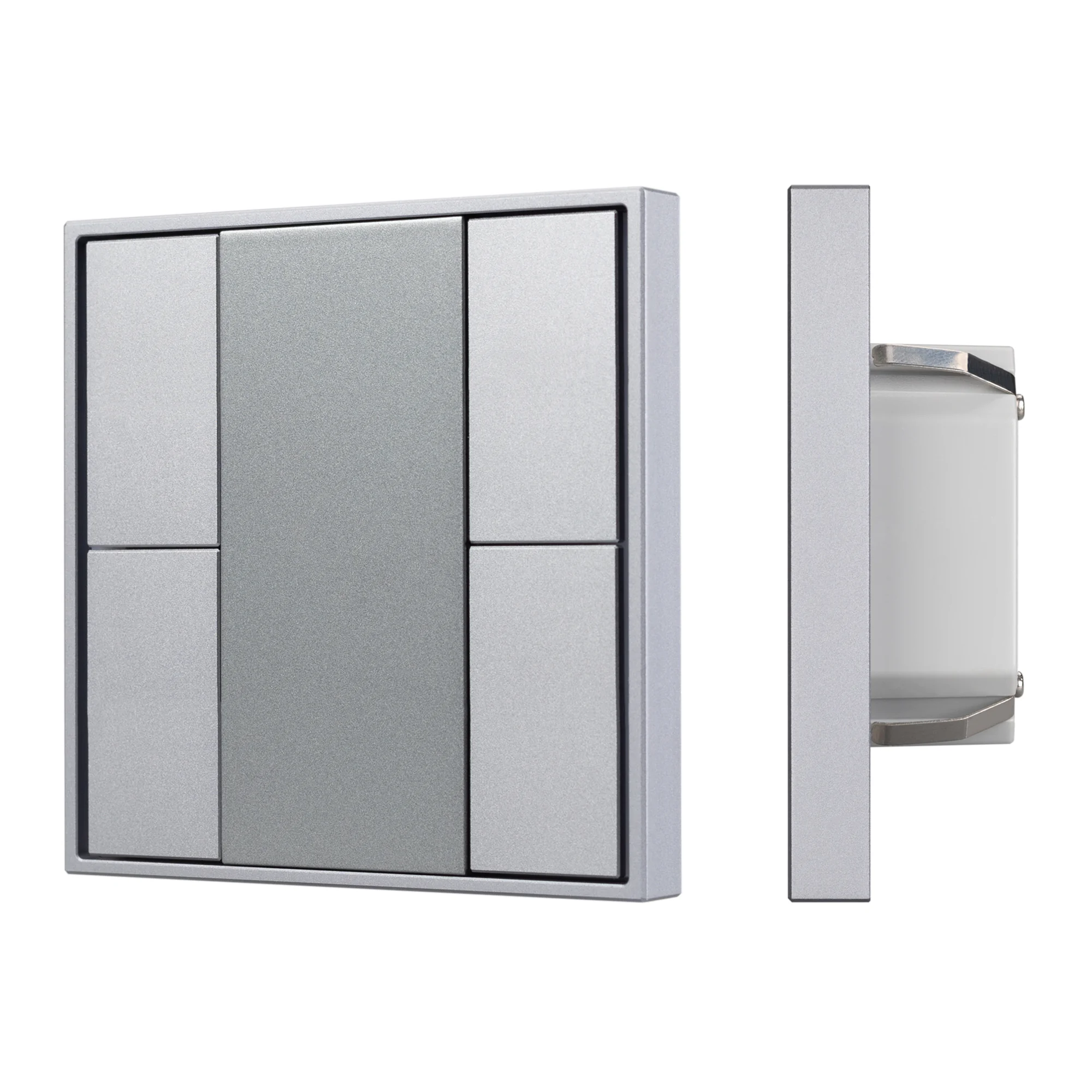 INTELLIGENT ARLIGHT Панель KNX-223-4-GREY (BUS) 028720 - Универсальная многофункциональная встраиваемая настенная панель для систем KNX. 4 клавиши. Тонкая рамка, материал - металл. Цвет корпуса - серебристый. Питание от шины KNX DC 21-30V. Габариты 80x80x